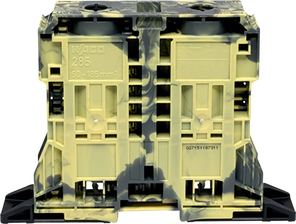 Gelb-schwarzer WAGO 285 Elektroklemmenblock mit dualen Kabeleingangsanschlüssen auf schwarzer Basis, Vorderansicht gezeigt.