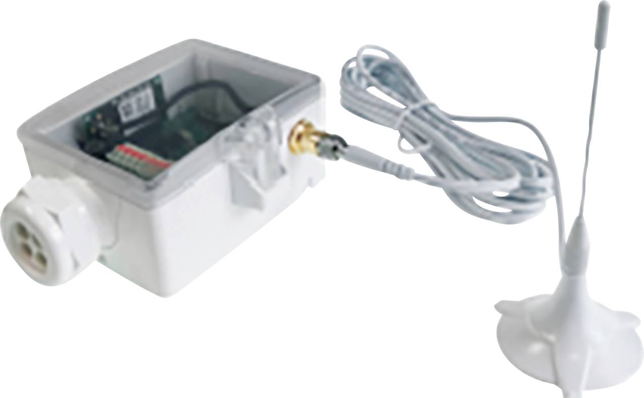 Ein Gerät mit transparentem Deckel, das interne Schaltungskomponenten zeigt, verbunden mit einer externen Antenne über ein Kabel, wahrscheinlich zur Kommunikation.