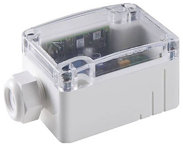 Ein kleines, weißes und durchsichtiges rechteckiges elektronisches Gerät mit sichtbarer interner Schaltung, möglicherweise für Sensor- oder Konnektivitätszwecke.