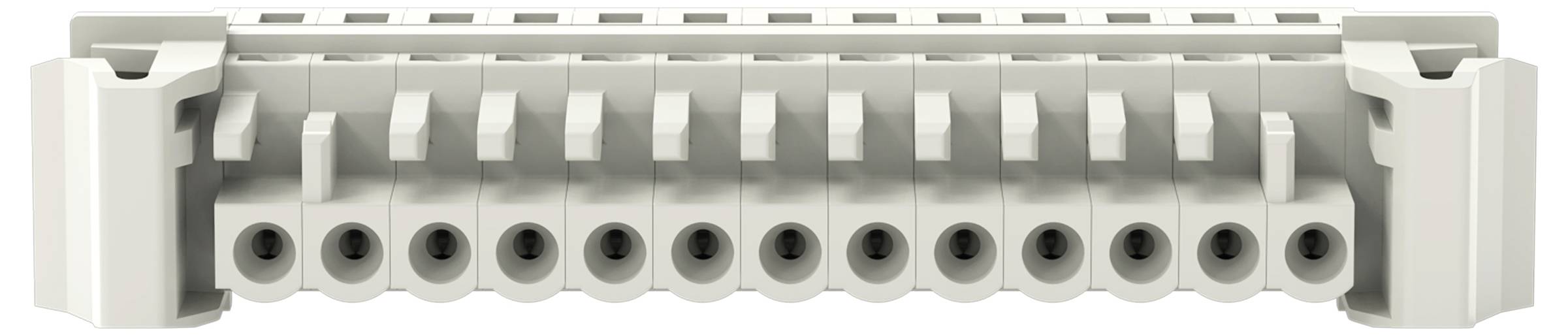 Eine Nahaufnahme eines elektrischen Klemmenblocks mit 12 Anschlüssen, der zum Sichern und Organisieren mehrerer Drähte in einem Stromkreis verwendet wird.