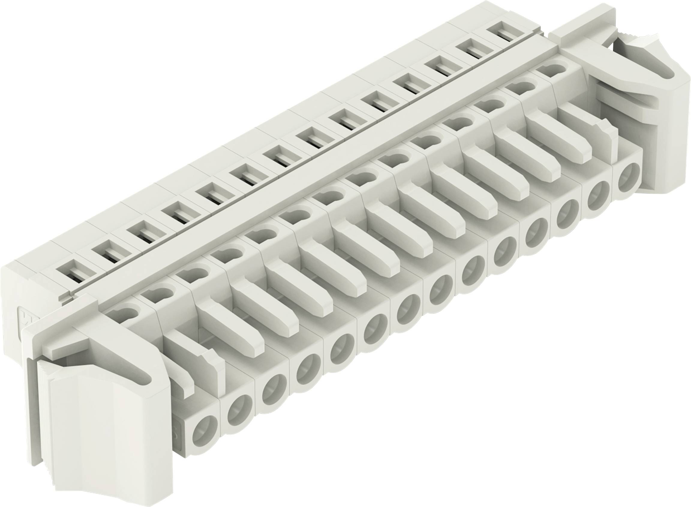Ein grauer Reihenklemmen-Stecker mit 16 Anschlussplätzen für Drahtverbindungen, verwendet für elektrische Schaltungskonfigurationen.