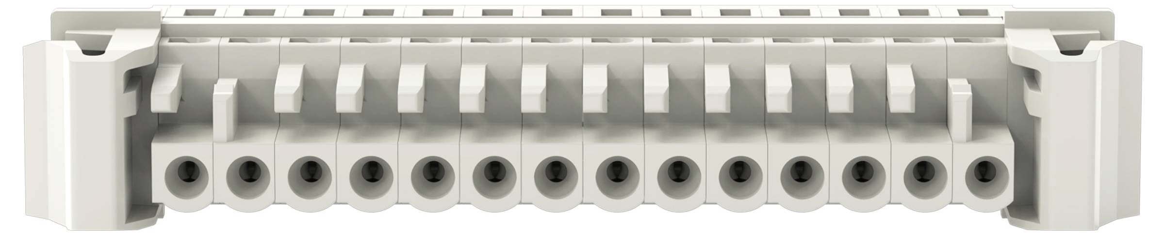 Ein grauer Elektroverbindungsblock mit mehreren Schlitzen zur Verkabelung, der zur Organisierung und Sicherung von elektrischen Verbindungen verwendet wird.