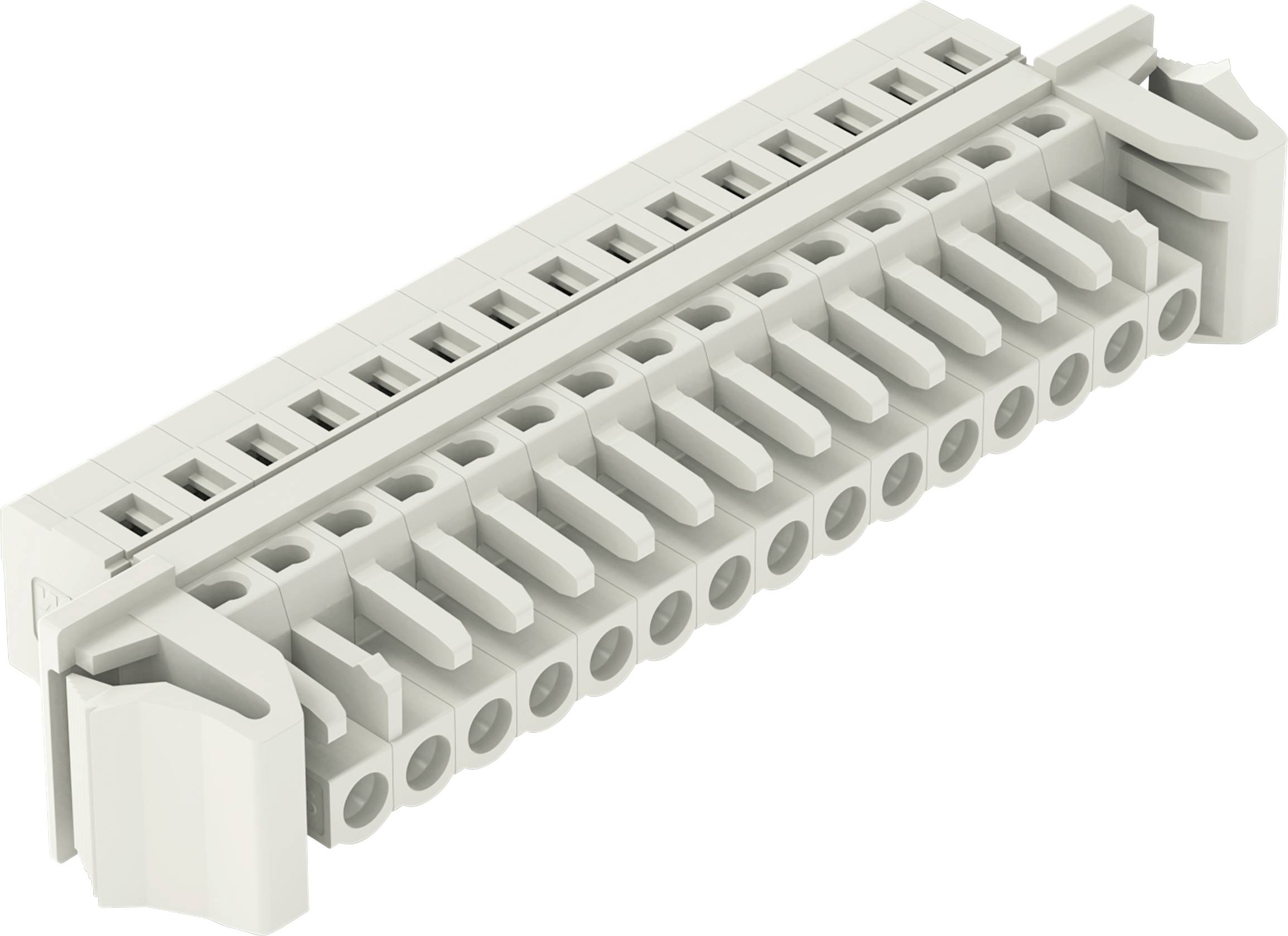 Ein weißer elektrischer Klemmenblock mit mehreren Anschlussöffnungen, konzipiert zum Sichern und Organisieren von elektrischen Drähten in einem System.