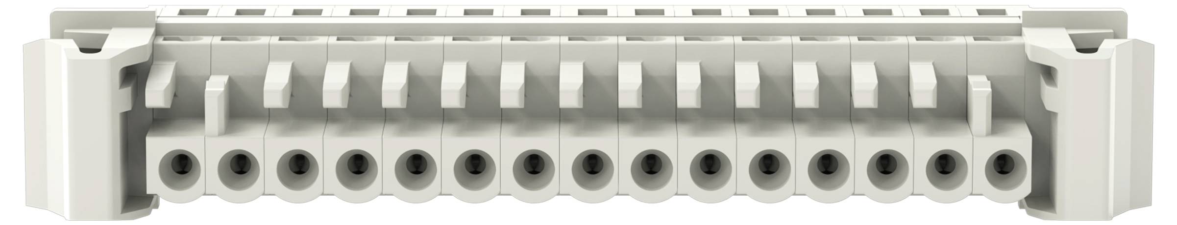 Ein 12-poliger elektrischer Klemmblock mit oben angebrachtem Hebelbefestigungsmechanismus, verwendet zum Sichern und Verbinden mehrerer elektrischer Drähte.