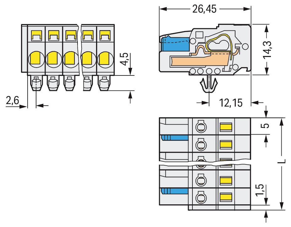 Technisches Schaltplan eines Elektroklemmenblocks mit den Abmessungen: 26,45 mm Breite, 12,15 mm Höhe und 4,5 mm Schnitthohe.