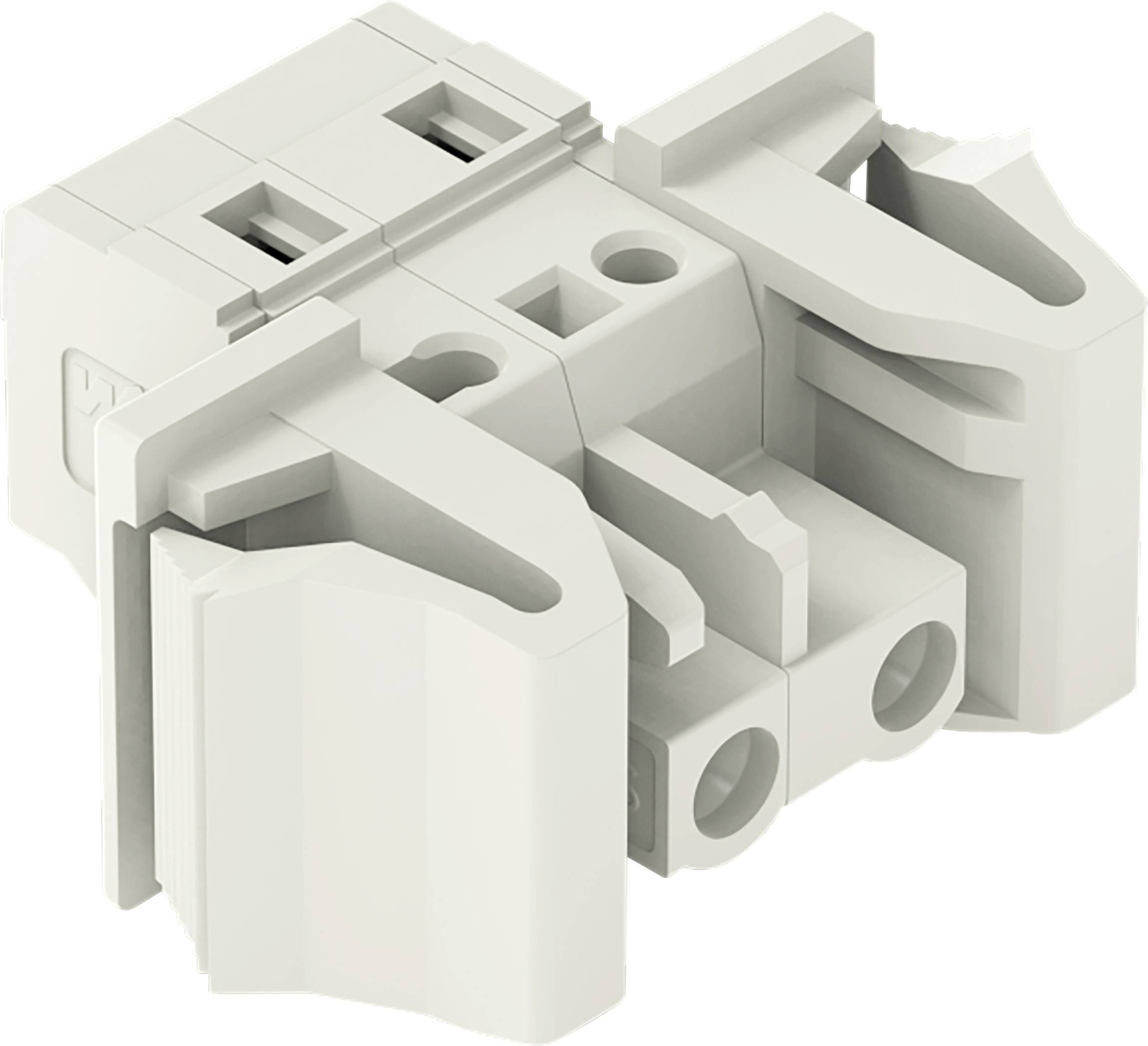 Ein 3D-Modell eines beigefarbenen, rechteckigen elektrischen Steckers mit mehreren Kontaktstiften und Buchsen, typischerweise in elektronischen Geräten verwendet.