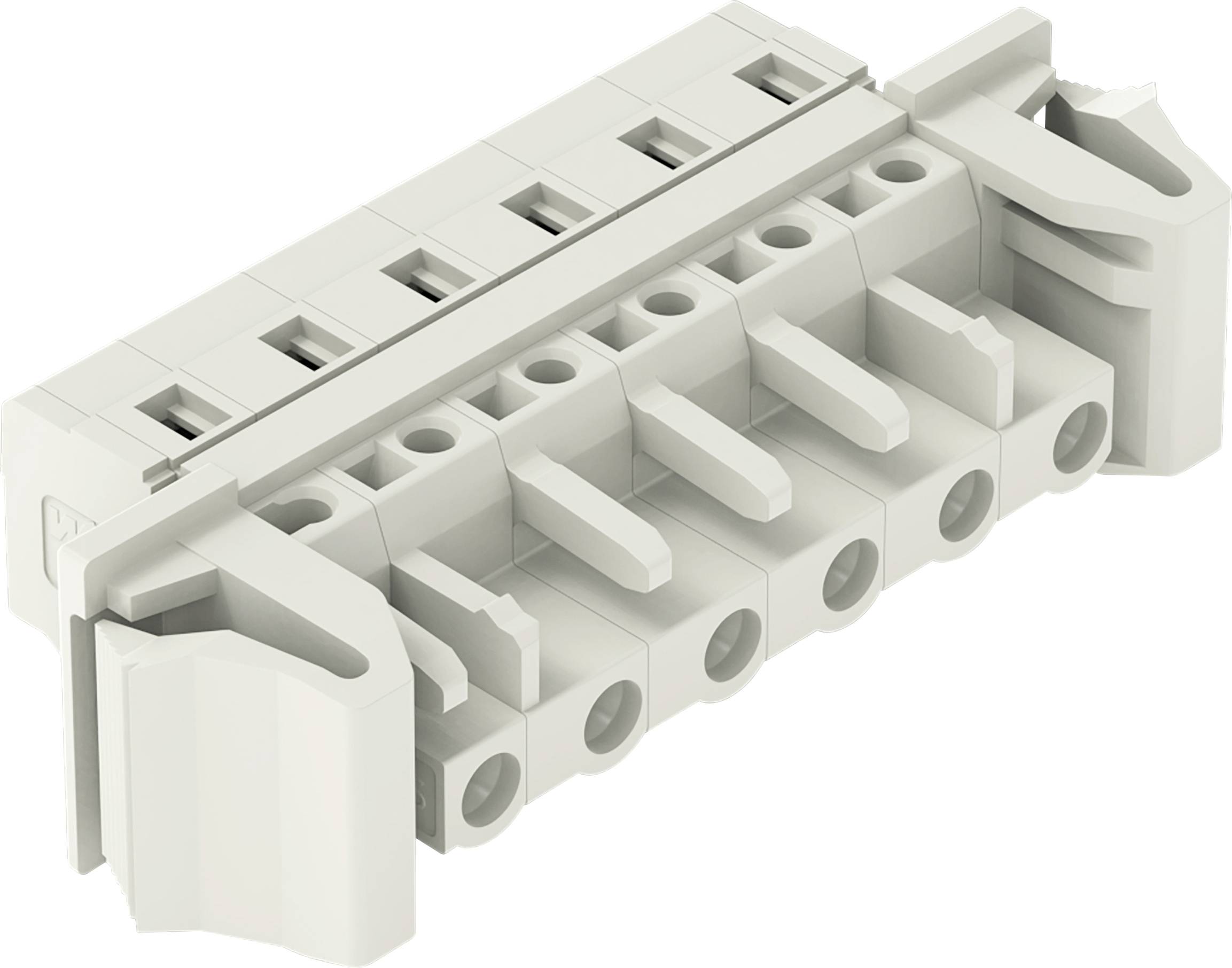 Ein rechteckiger weißer elektrischer Klemmenblock mit fünf Anschllusspunkten und Hebeln zum Einführen von Drähten und sicherer Befestigung.