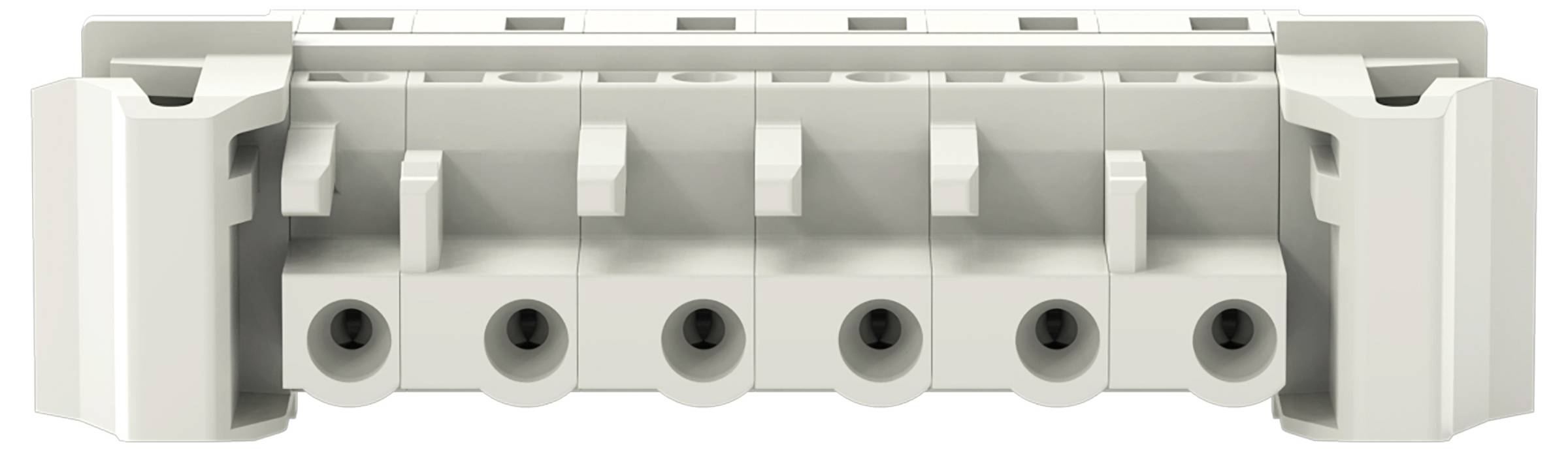 Ein weißer, sechspoliger Elektro-Klemmblock mit offenen Steckverbindern in einer Reihe angeordnet.