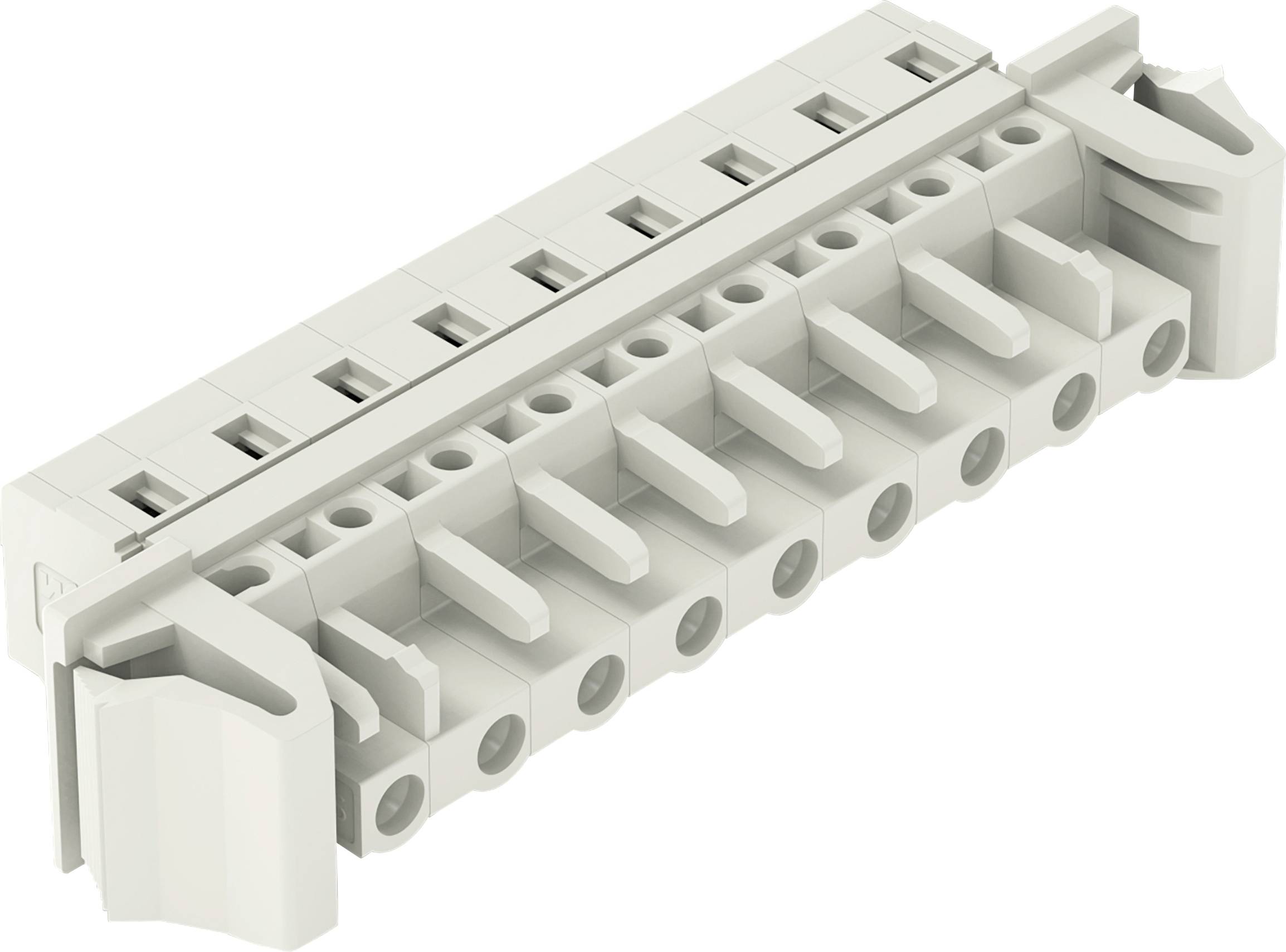Ein weißer Elektrostecker mit mehreren Schlitzen und Griffmerkmalen, entwickelt zum Sichern von Drähten in präziser Ausrichtung.