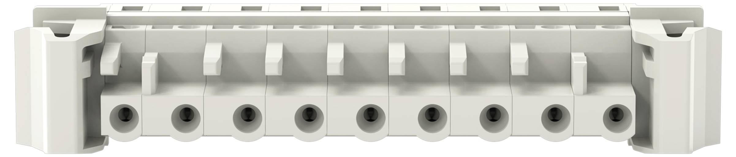Nahaufnahme eines grauen, mehradrigen elektrischen Steckers mit acht Anschlüssen, von denen jeder dazu ausgelegt ist, einen Draht zur Verbindung in einem Stromkreis aufzunehmen.