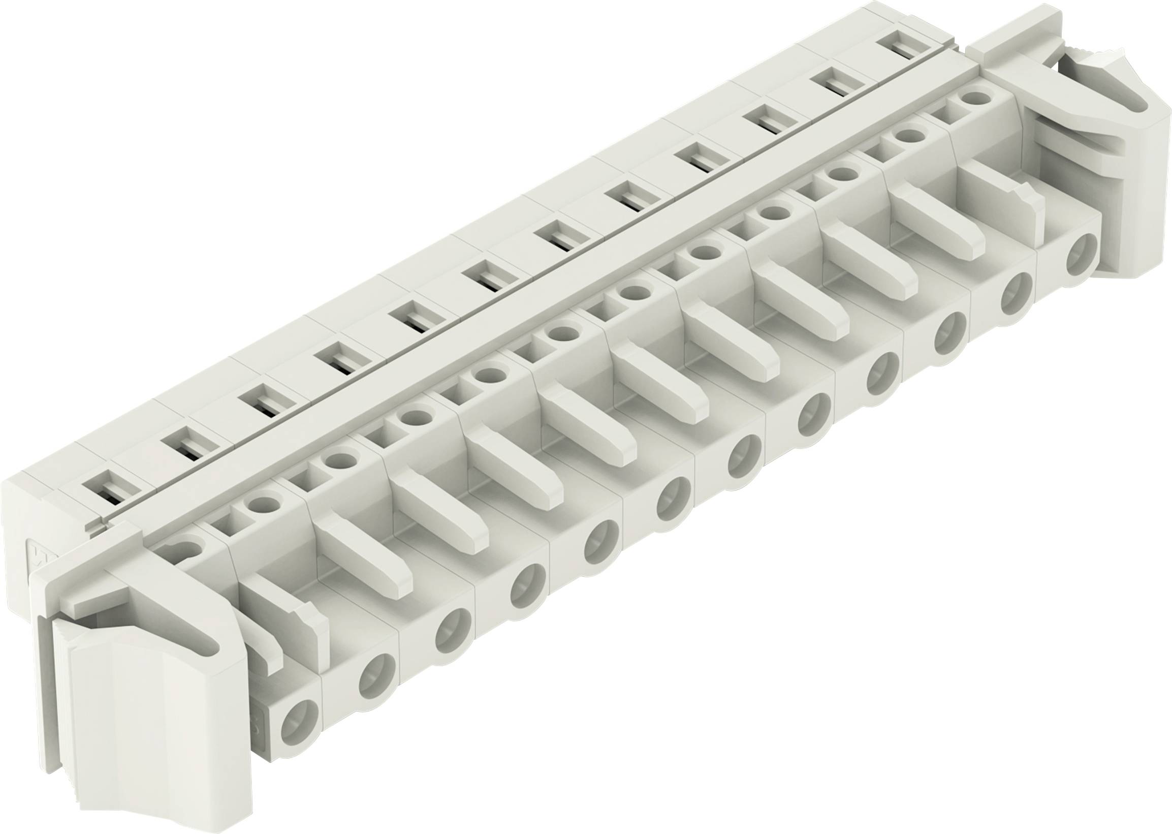 Ein weißes Kunststoff-Klemmleistenmodul mit mehreren Anschlüssen, das zum Sichern und Organisieren von Elektrokabelverbindungen konzipiert ist.
