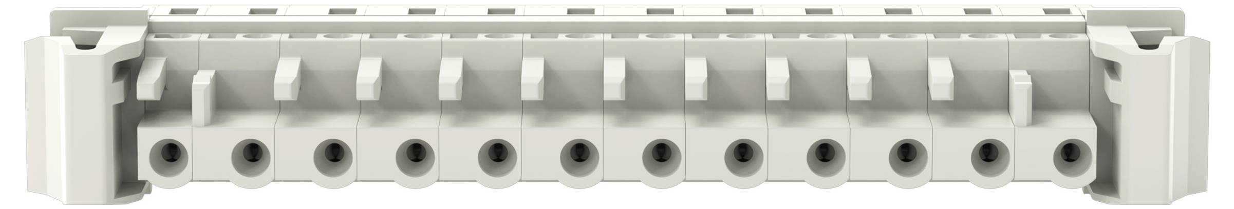Ein weißes elektrisches Klemmleistenblock mit mehreren Anschllusspunkten, verwendet für Verdrahtung und Schaltungsverbindungen.