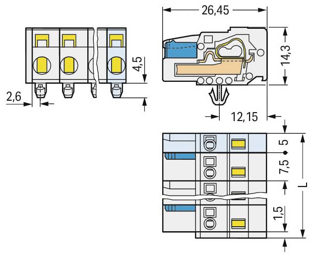 Technisches Diagramm eines elektrischen Anschlussklemmenblocks mit Abmessungen: 26,45 mm Länge, 14,3 mm Höhe und 12,15 mm Tiefe. Enthält Seiten- und Vorderansichten.