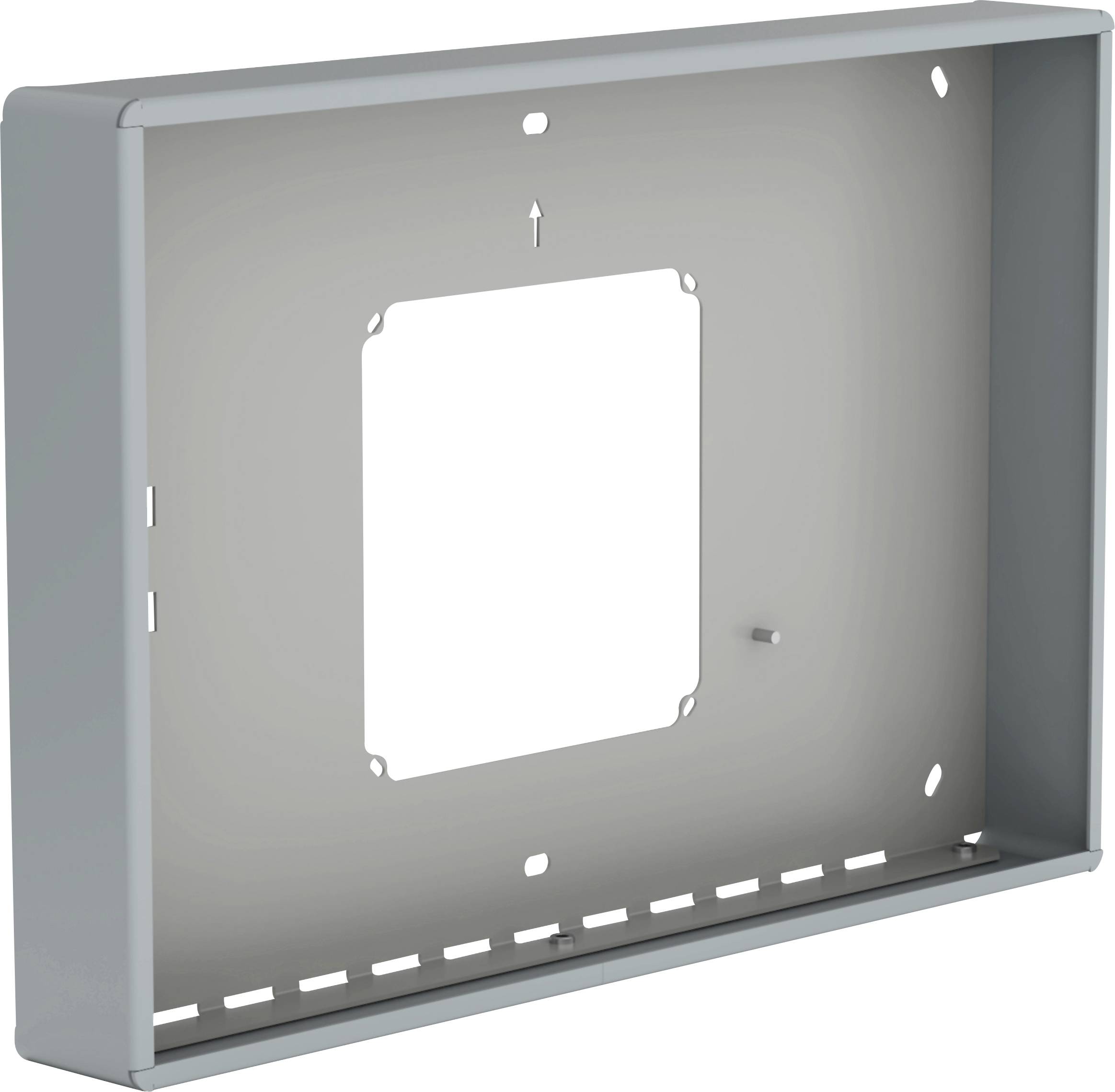 Ein graues Metallwandgehäuse mit zentralem Ausschnitt und mehreren Kanten zur Montage, entworfen zur Unterbringung elektrischer oder technischer Komponenten.