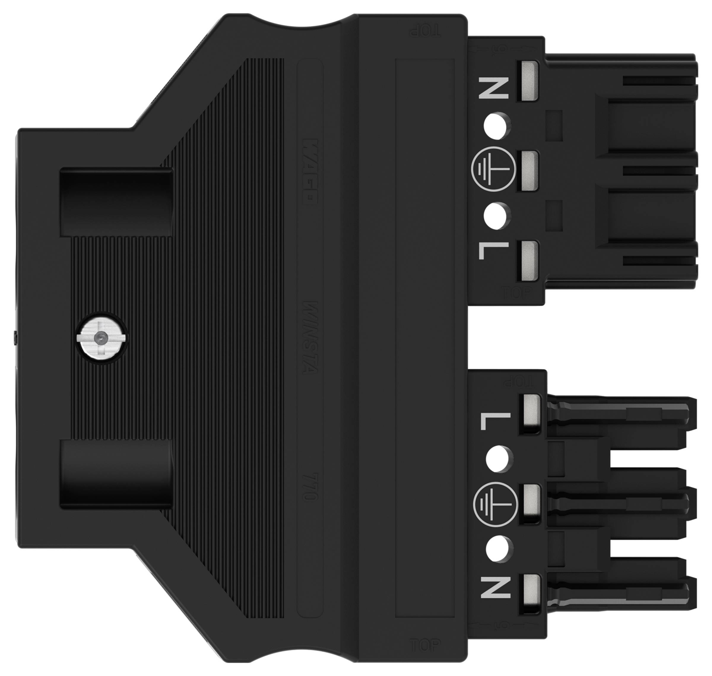 Ein schwarzes Gehäuse für einen Elektrostecker mit drei beschrifteten Stiften: N (Neutral), L (Phase) und Erde. Zwei zylindrische Schlitze sind auf der linken Seite sichtbar.