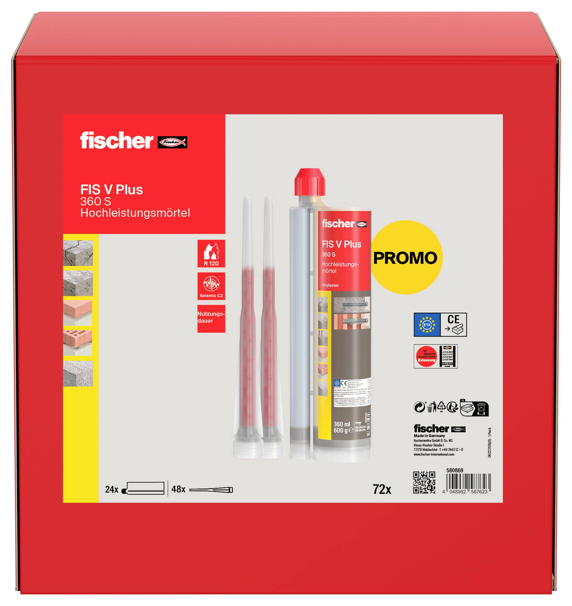 Eine rote Schachtel mit Fischer Hochleistungsmörtel „FIS V Plus 360 S