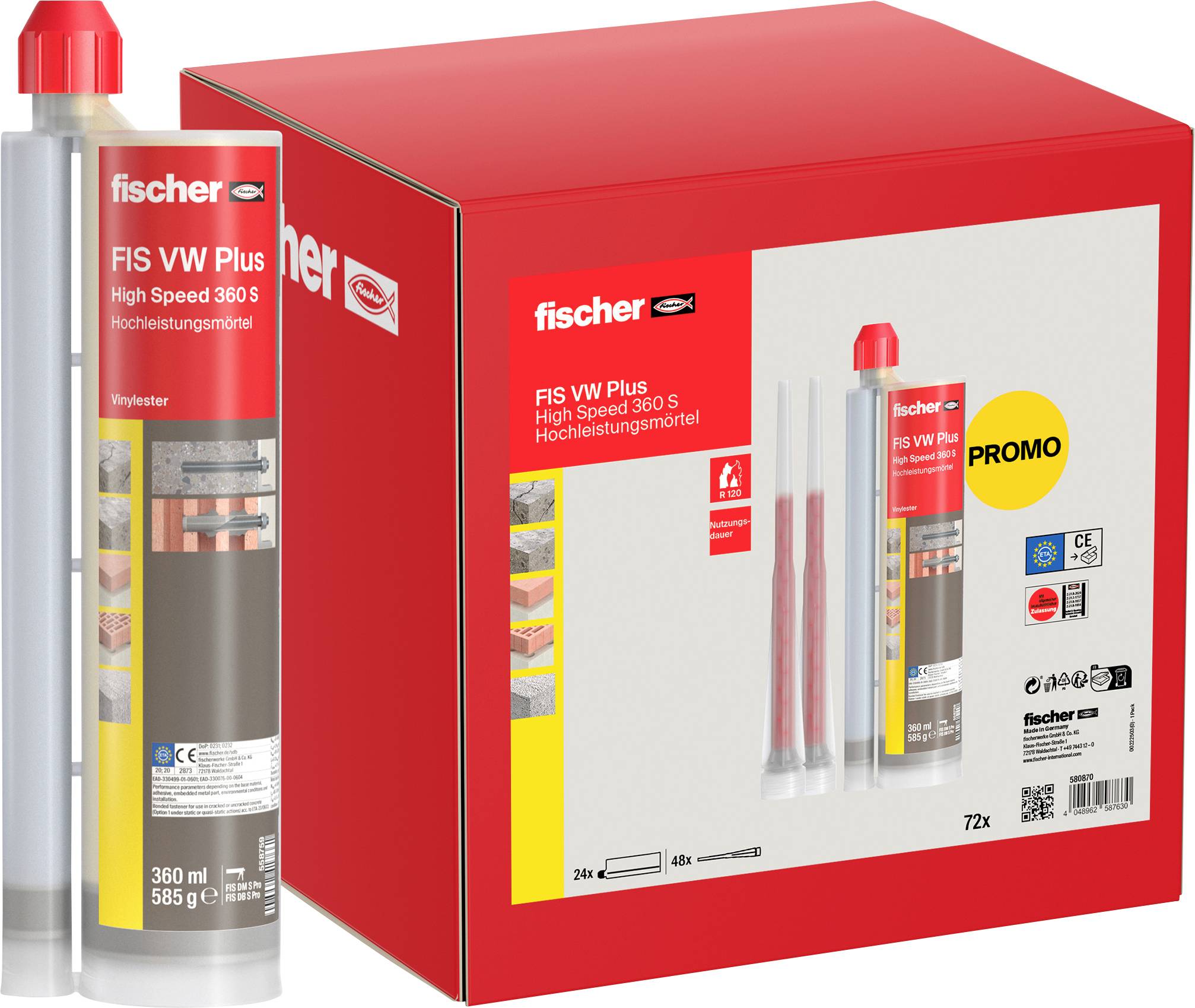 'FIS VW Plus Hochgeschwindigkeit 360 S' rote Verpackung mit Werbetexten. Zeigt Produktbild, Kapazitätsangaben und Verwendungssymbole.