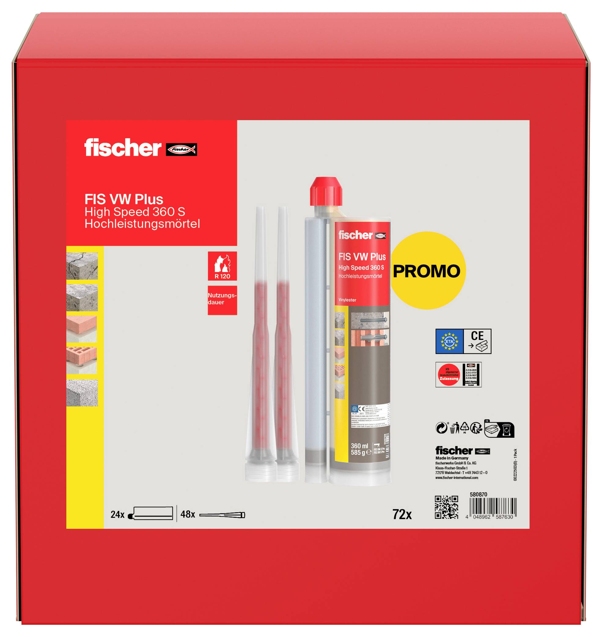 'FIS VW Plus Hochgeschwindigkeit 360 S' Produktverpackung mit Bildern von Kartuschen und Installationsabbildungen. Der Text hebt ein Aktionspaket hervor.