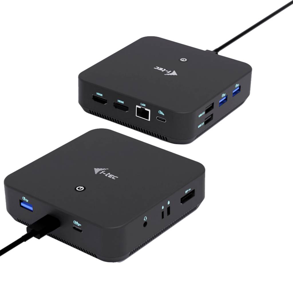 Eine schwarze i-Tec Dockingstation mit verschiedenen Anschlüssen wie USB, HDMI und Ethernet, die verwendet wird, um mehrere Geräte mit einem Computer zu verbinden.