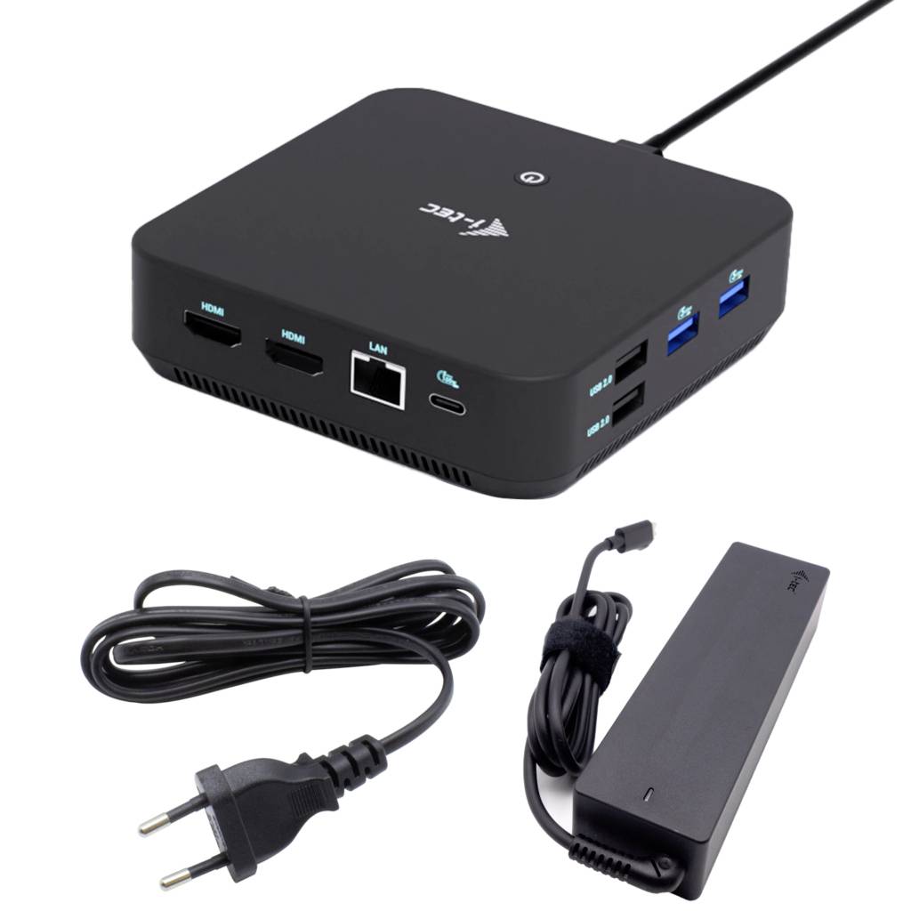 Eine schwarze AV-Medienerf­assungsbox mit verschiedenen Anschlüssen, einschließlich HDMI, LAN und USB, zusammen mit Stromkabeln und einem Adapter.