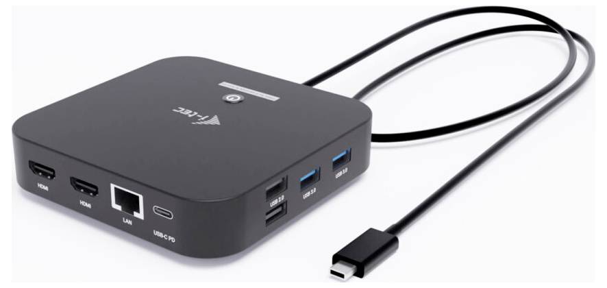 Ein schwarzer Multi-Port-Hub mit HDMI-, LAN-, USB-C- und USB-Anschlüssen, verbunden durch ein Kabel.