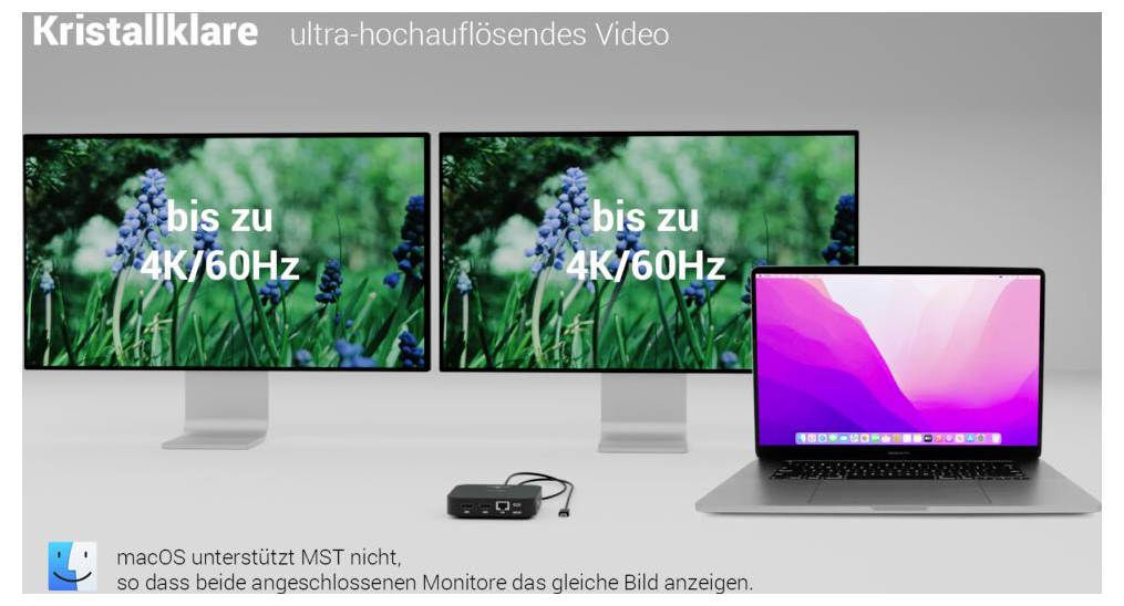 Ein MacBook ist mit zwei Monitoren verbunden, die 