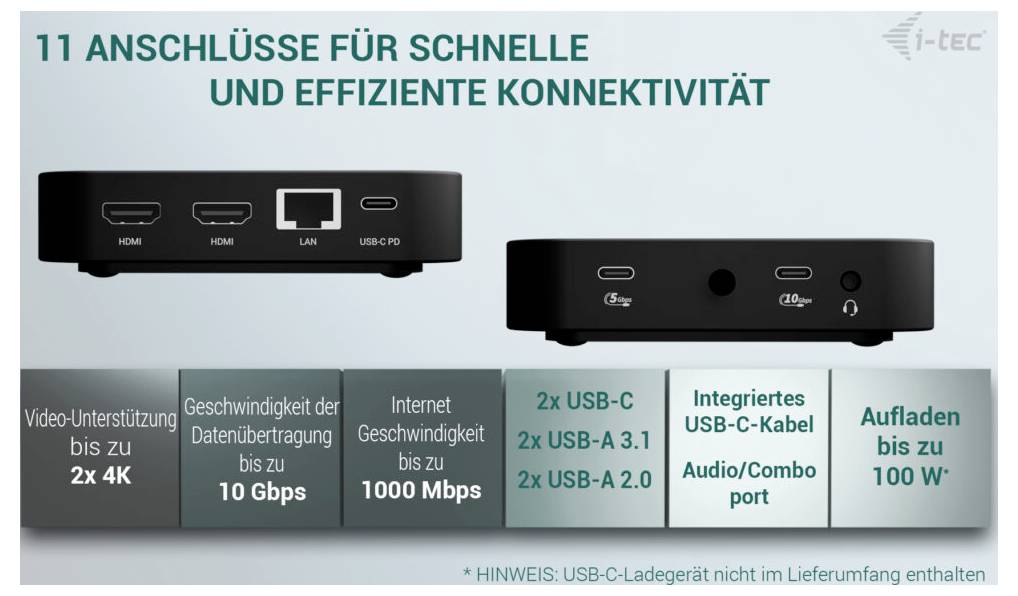 i-tec Dockingstation mit 11 Anschlüssen für schnelle und effiziente Konnektivität einschließlich HDMI, USB-C und LAN. Unterstützt 2x 4K-Video.
