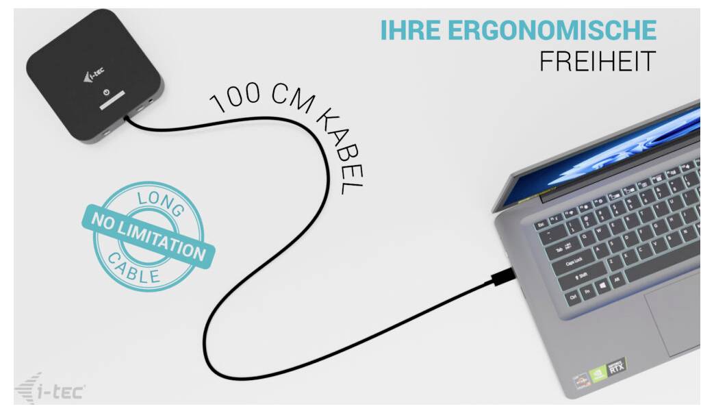 Langes Kabel, keine Einschränkung - 100 cm Kabel[Bild zeigt einen Laptop, der mit einem kleinen schwarzen Gerät verbunden ist, wobei ergonomische Freiheit betont wird.]