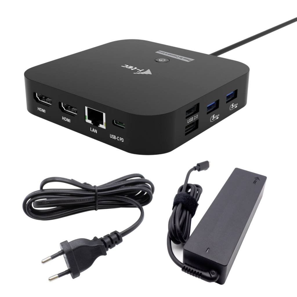 Eine schwarze Multi-Port-Dockingstation mit zwei HDMI-Anschlüssen, LAN, USB-C PD, zwei USB 3.0 und USB-C-Anschlüssen, abgebildet mit ihrem Netzteil und Kabel.