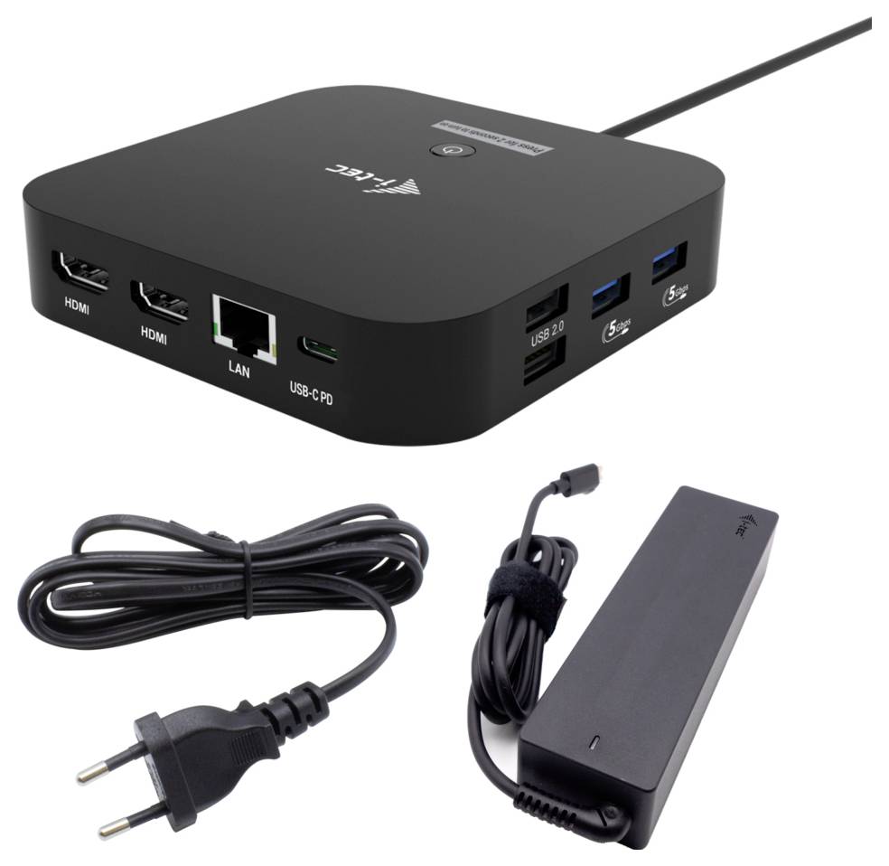 Eine schwarze Dockingstation mit zwei HDMI-Anschlüssen, USB- und LAN-Anschlüssen, einem Netzteil und einem Stromkabel.