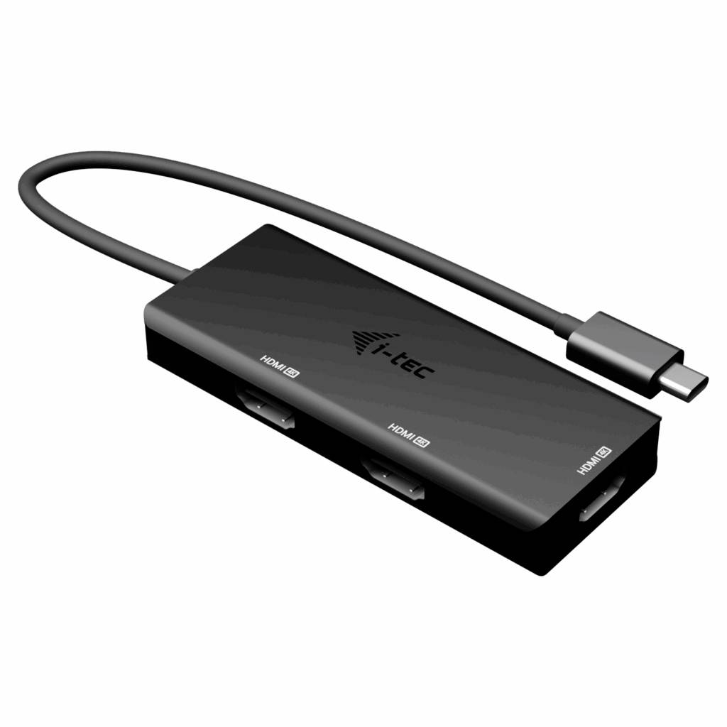 USB-C zu HDMI Hub mit drei HDMI-Anschlüssen, entworfen von i-tec. Das Gerät ist schwarz und kompakt, geeignet zum Anschluss mehrerer Displays.