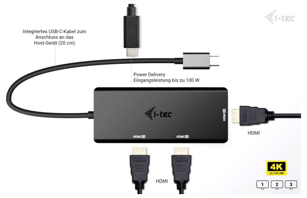 i-tec USB-C Hub mit integriertem Kabel, HDMI-Anschlüssen und Stromversorgung bis 100W. Enthält HDMI-Kabel und 4K Ultra HD-Etikett.