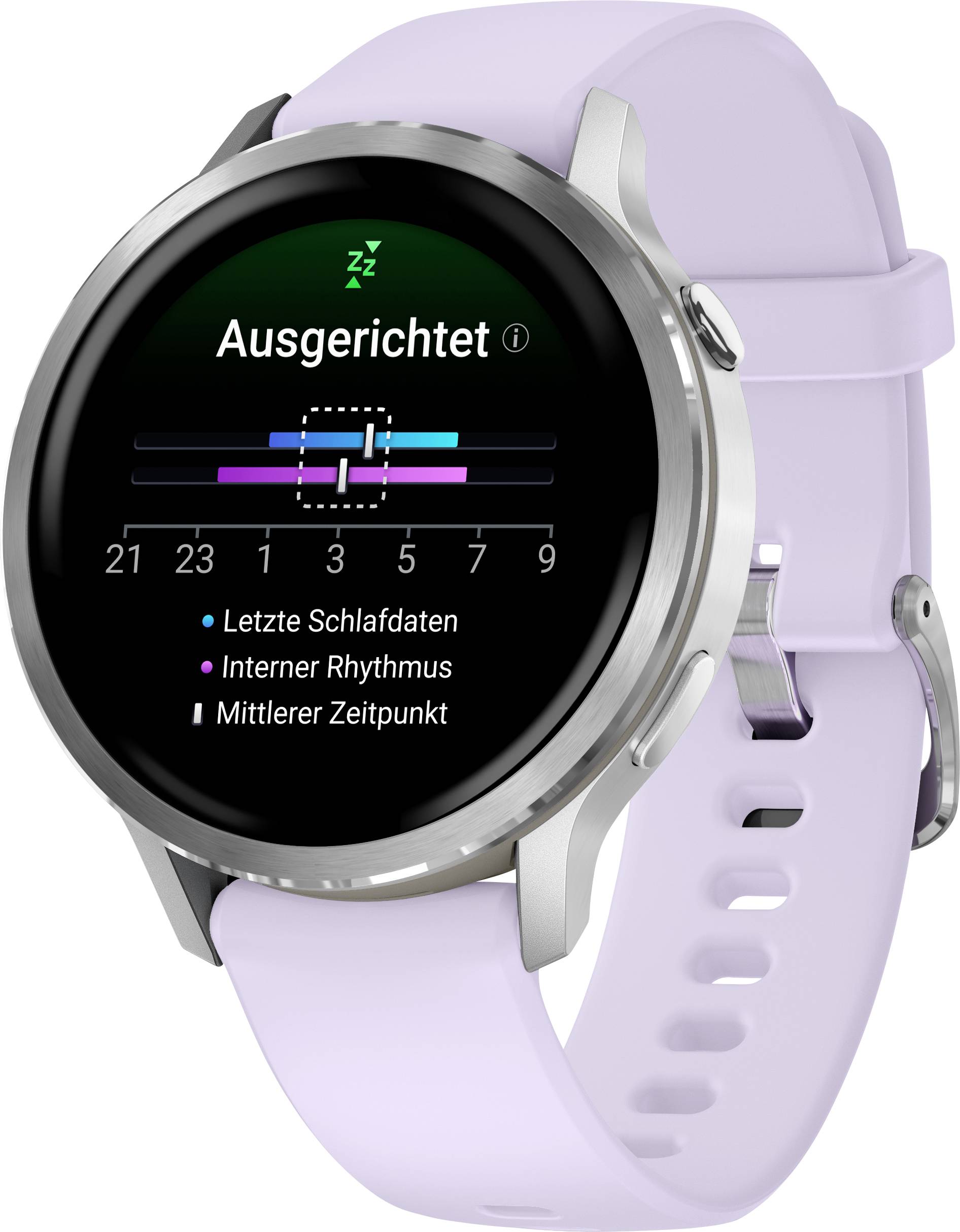 Eine Smartwatch mit einem lavendelfarbenen Armband zeigt eine Schlafanalyse an, die 