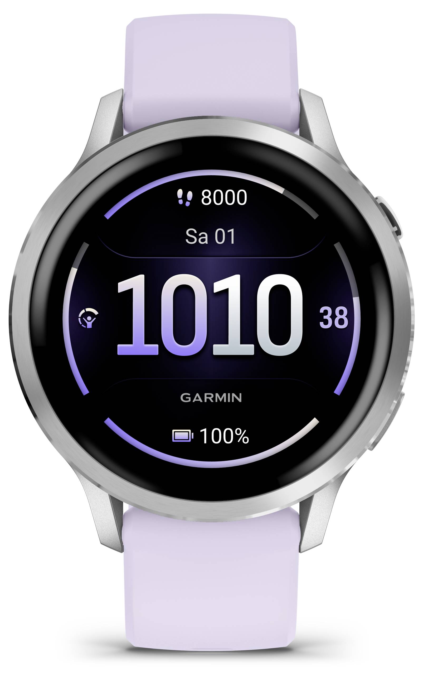 Eine moderne Smartwatch mit kreisförmigem Display zeigt prominent die Uhrzeit „1010