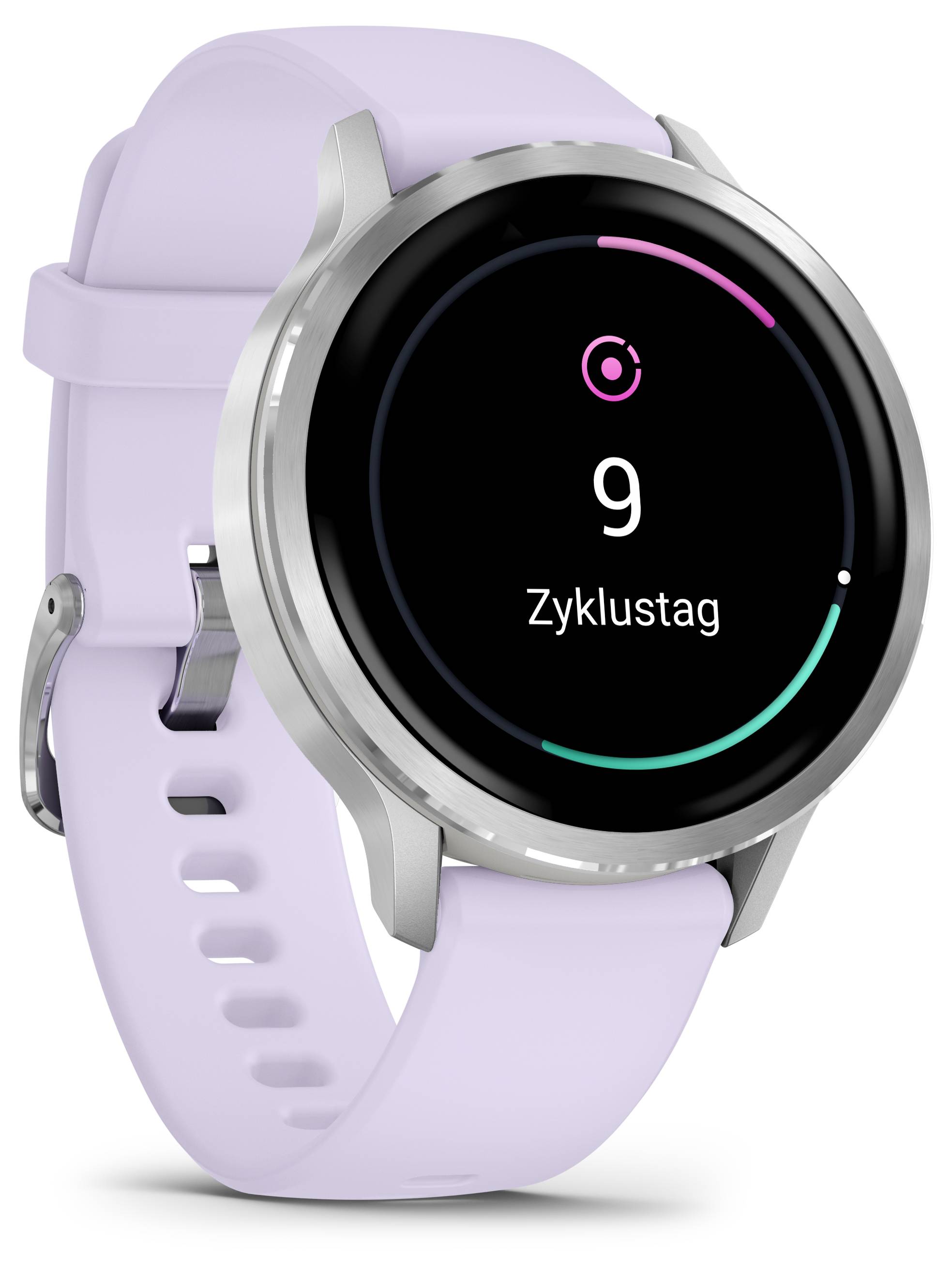 Eine Smartwatch mit einem Lavendelband zeigt eine kreisförmige Fortschrittsleiste und den Text „9. Zyklustag