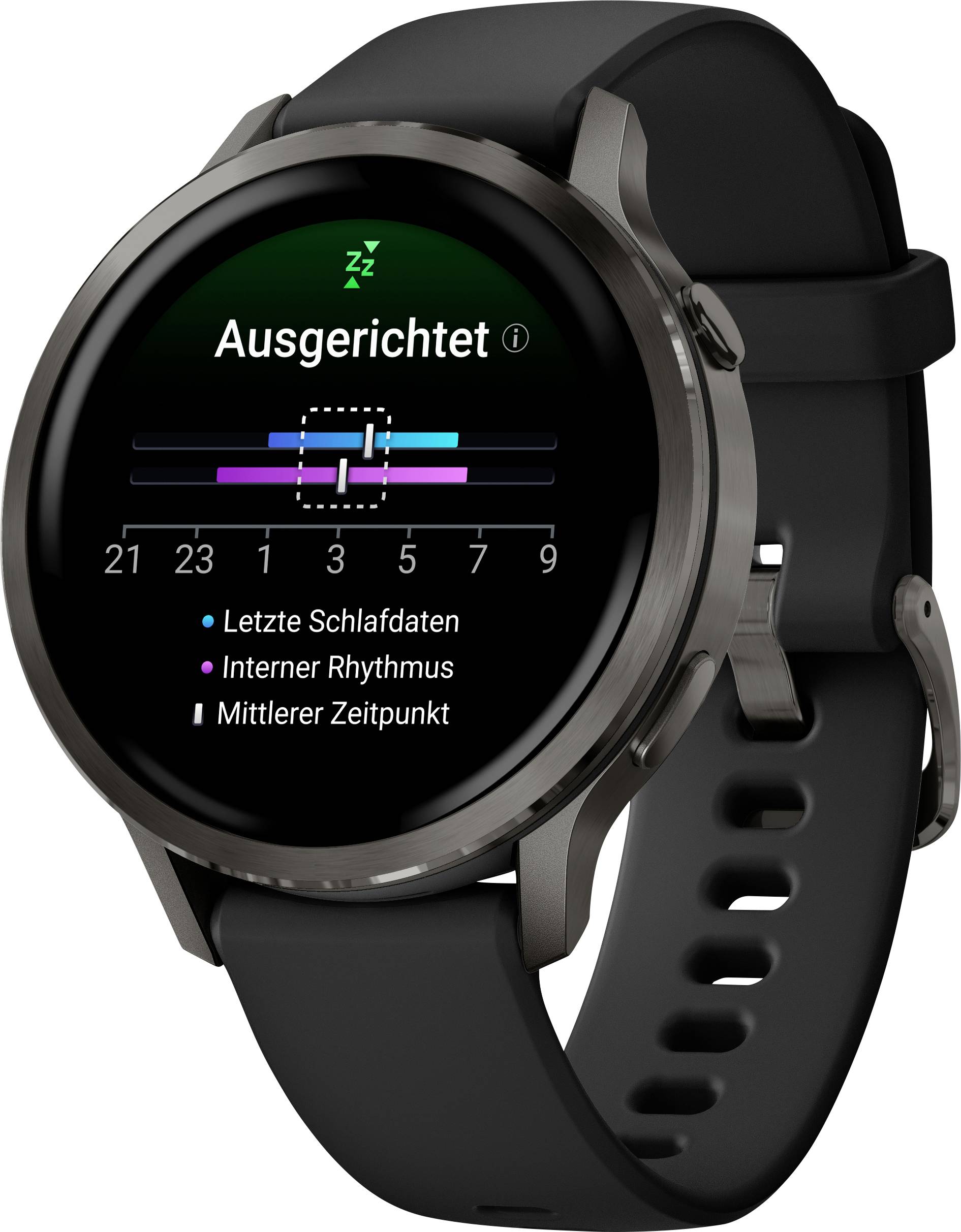Eine Smartwatch zeigt ein Schlafplan-Diagramm mit dem Titel „Ausgerichtet
