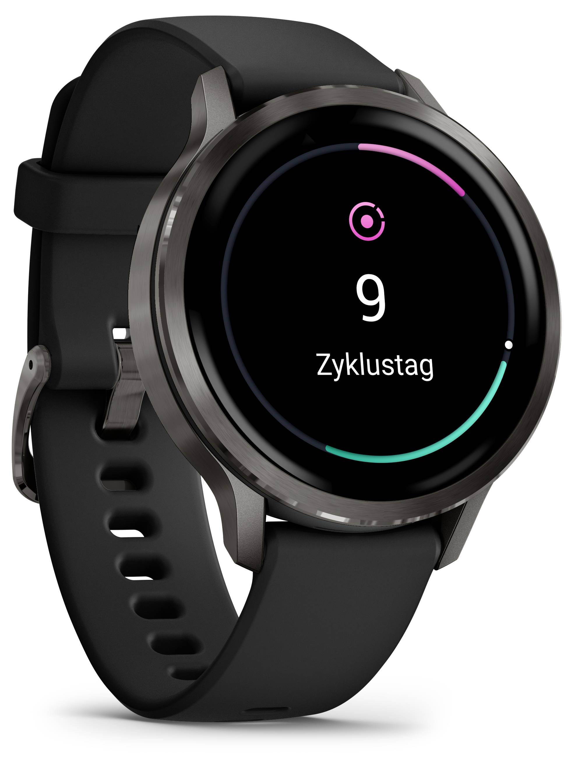 Smartwatch mit Bildschirm einer Zyklus-Tracking-App, die 