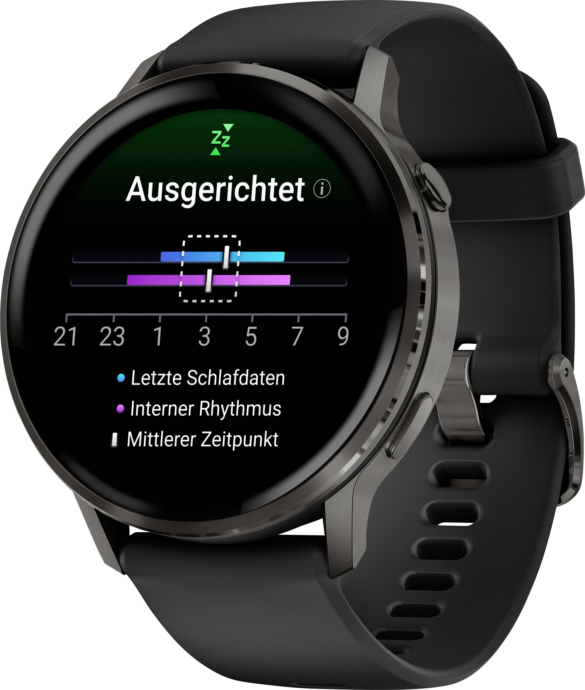 Eine Smartwatch zeigt Schlafdata mit dem deutschen Text „Ausgerichtet