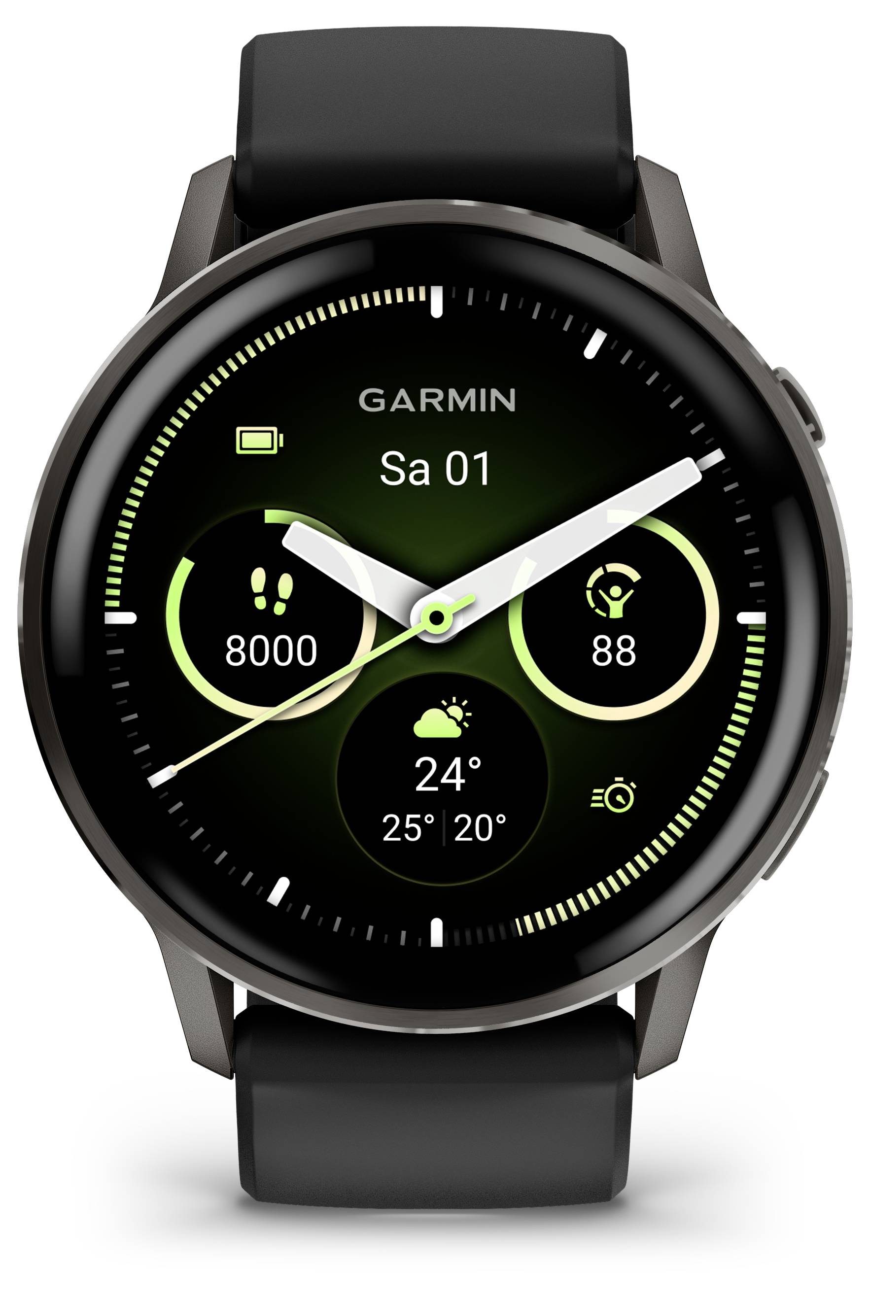 Eine schwarze Smartwatch, auf der das Datum „Sa 01