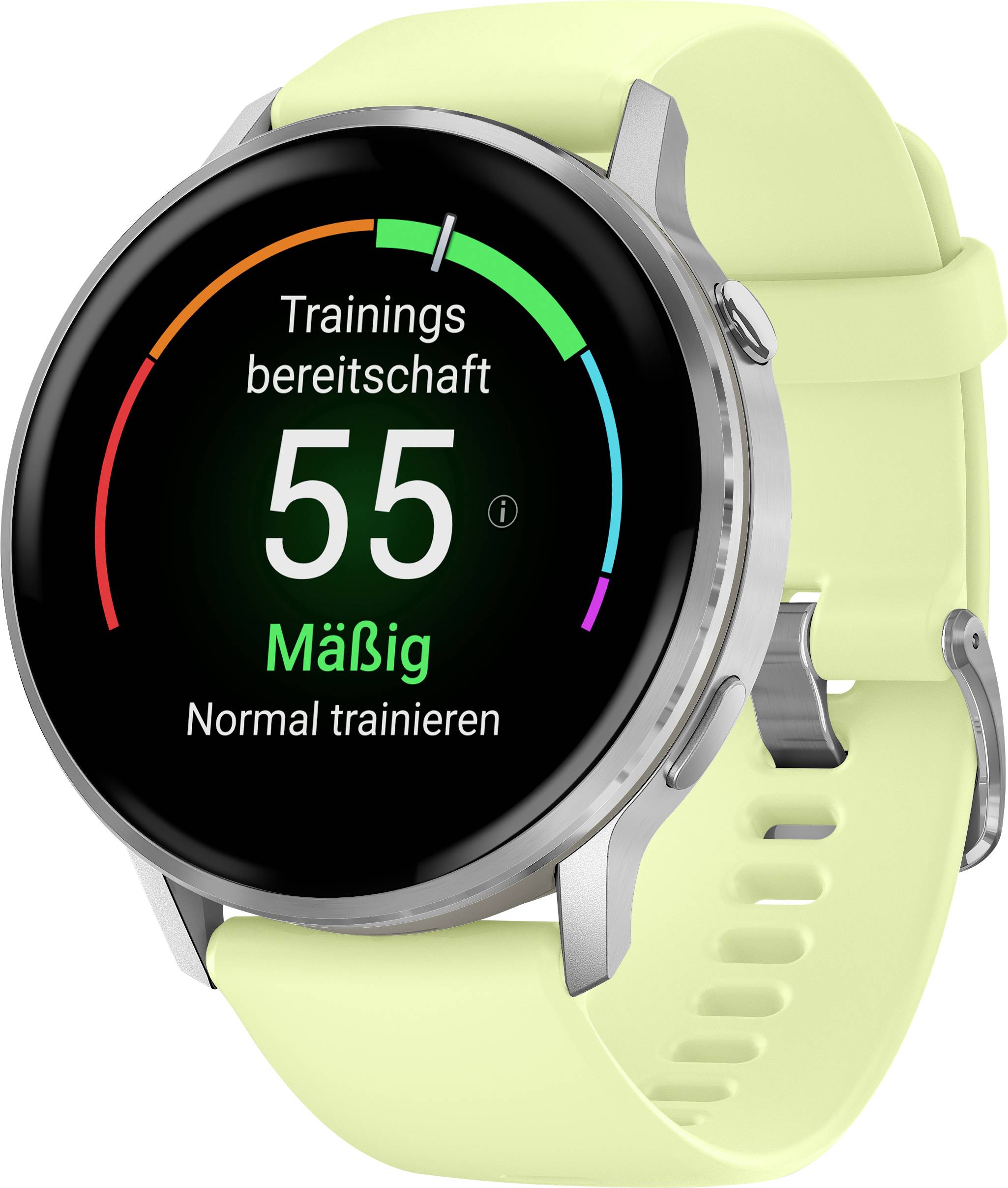 Eine Smartwatch zeigt einen Fitness-Bereitschaftswert von 55 an, gekennzeichnet mit „Mäßig