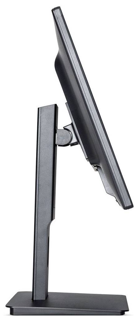 Eine Seitenansicht eines schwarzen Computermonitors auf einem Ständer, die sein schlankes Profil und die verstellbare Neigungsfunktion zeigt.