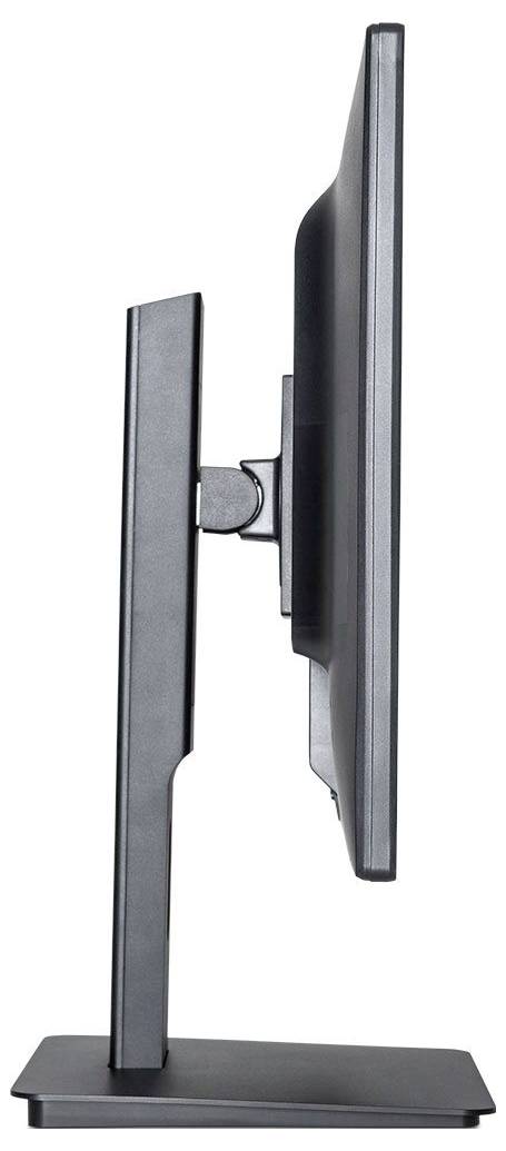 Seitenansicht eines Flachbildschirms mit dünnem Rahmen und verstellbarem Standfuß, was ein modernes, platzsparendes Design anzeigt.