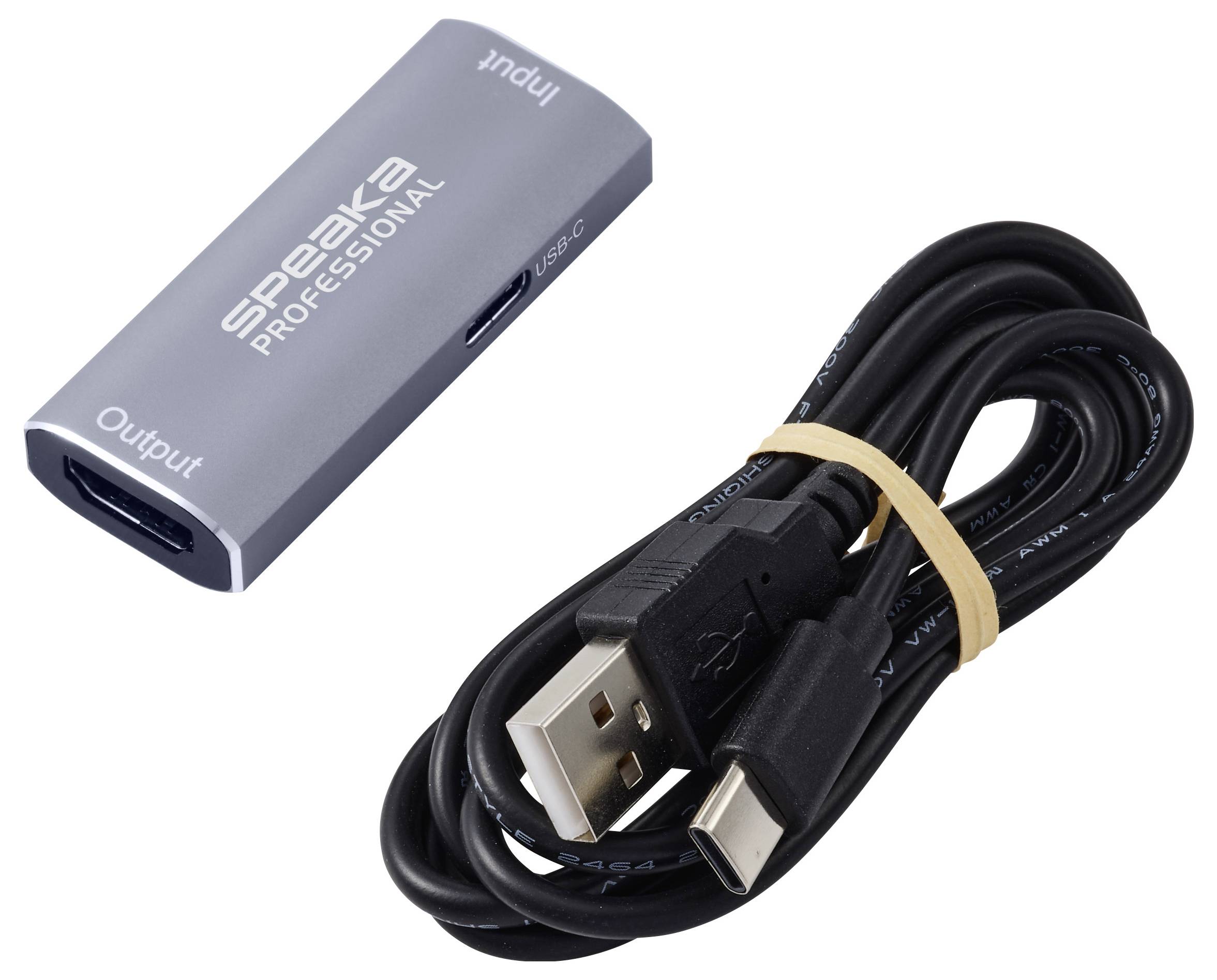 USB-C-zu-HDMI-Adapter und ein spiralförmiges USB-Kabel, gezeigt als separate Produktkomponenten auf weißem Hintergrund.