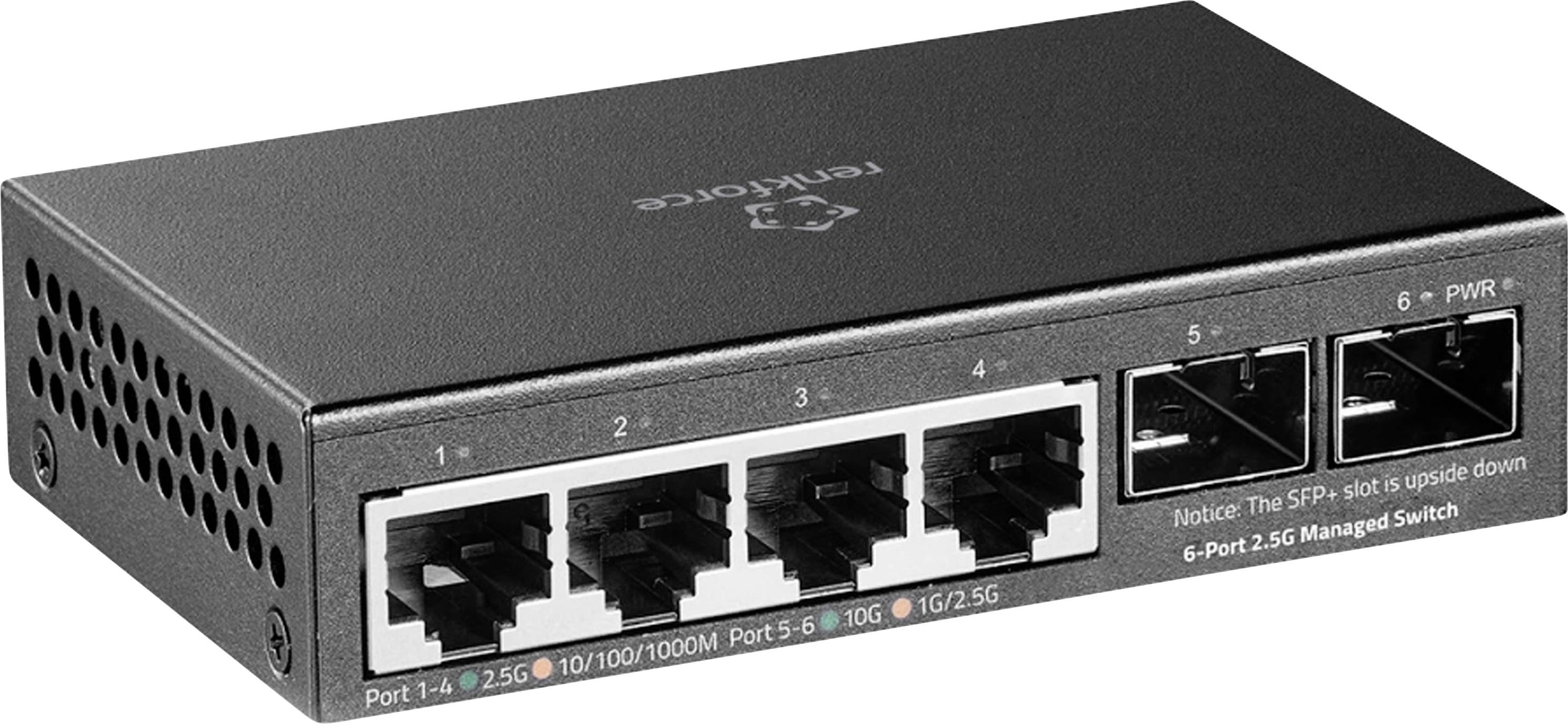 Frontansicht eines schwarzen verwalteten Netzwerk-Switches mit 6 Ports und 2,5G-Geschwindigkeit, nummerierte Ethernet-Anschlüsse, zwei SFP-Slots und Statusanzeigen.