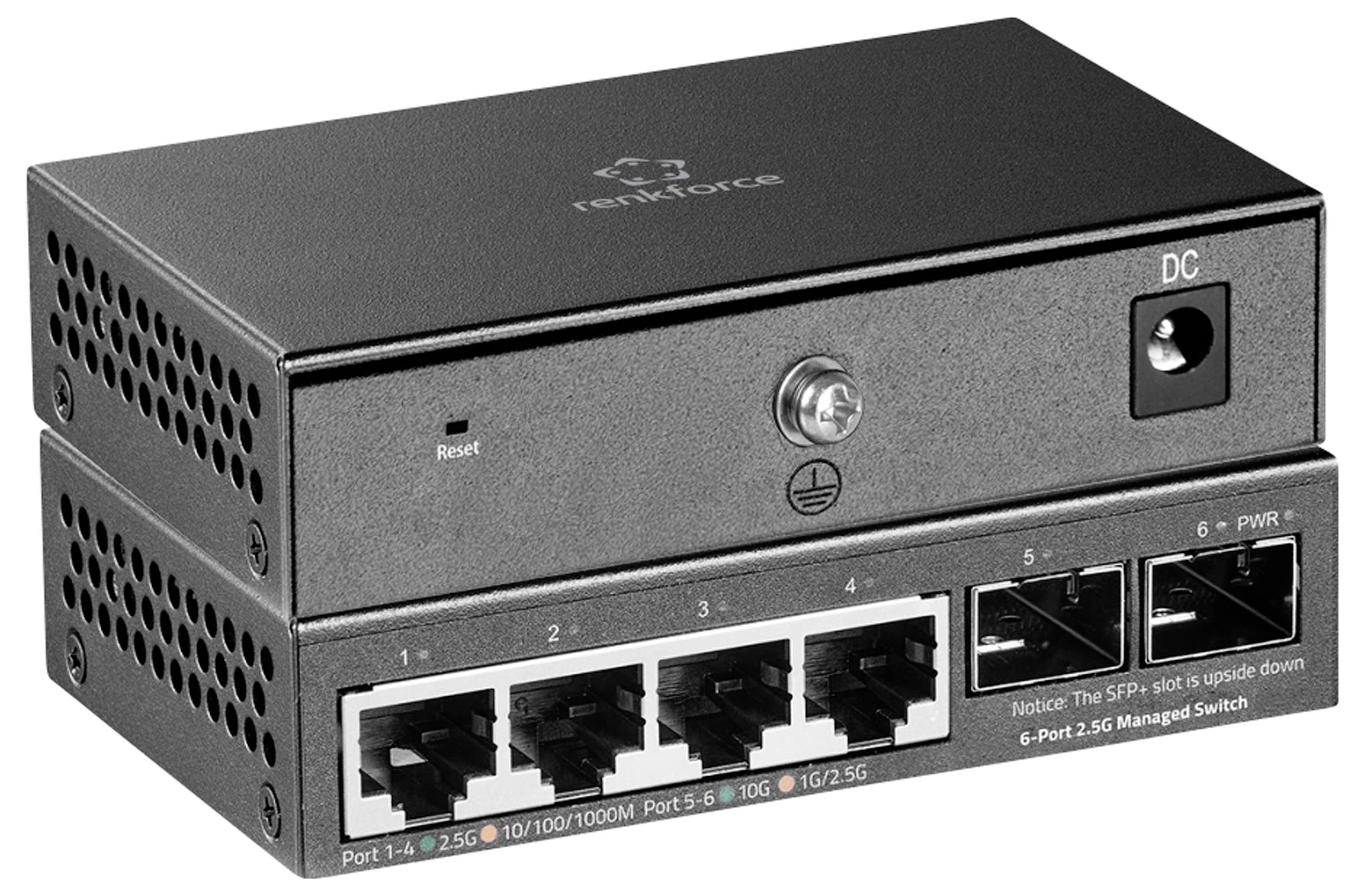 Kompakter schwarzer Netzwerk-Switch mit sechs Ethernet-Anschlüssen und einer DC-Stromversorgungsbuchse, gekennzeichnet mit „tenkforce