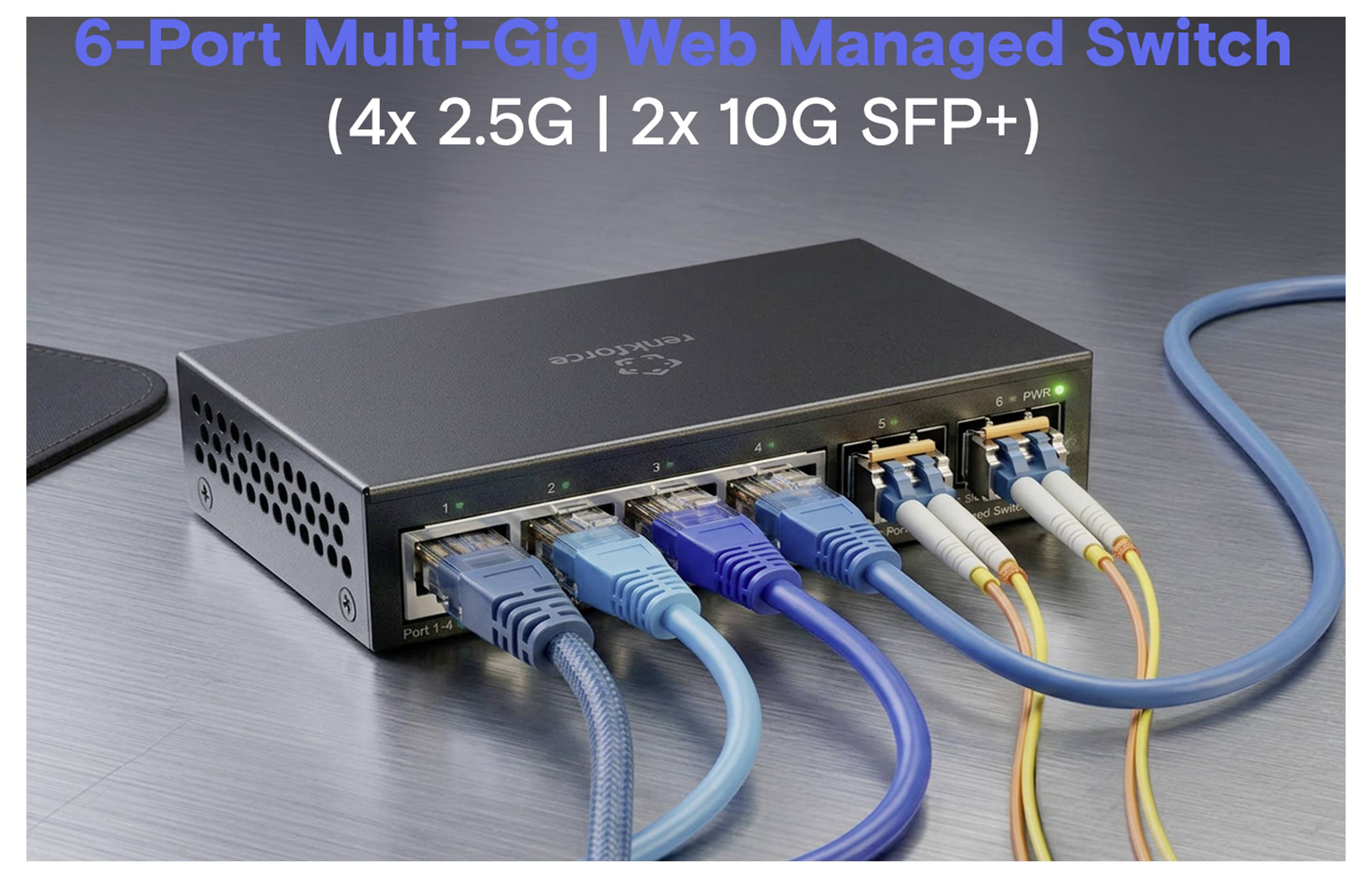 6-Port-Web-verwalteter Netzwerk-Switch mit 4x 2,5G und 2x 10G SFP+-Anschlüssen, dargestellt mit mehreren verbundenen Ethernet- und Glasfaserkabeln sowie Statusleuchten.