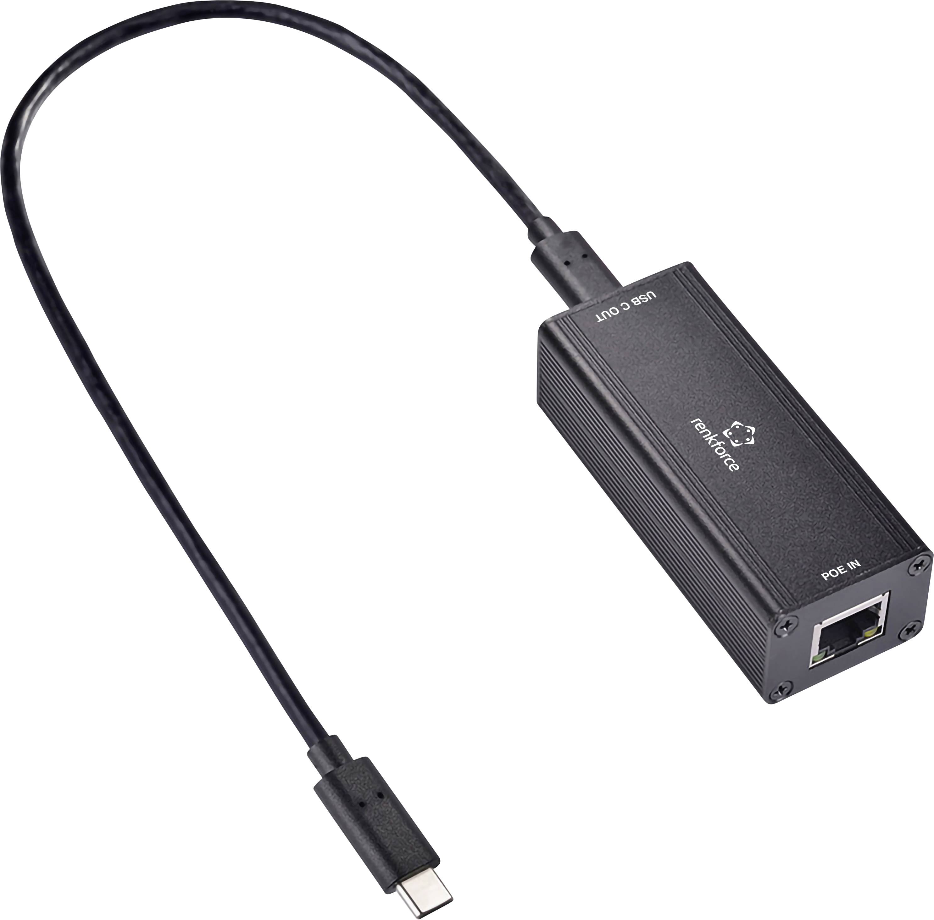 Schwarzer USB-C-zu-Ethernet-Adapter-Dongle mit den Beschriftungen „POE IN