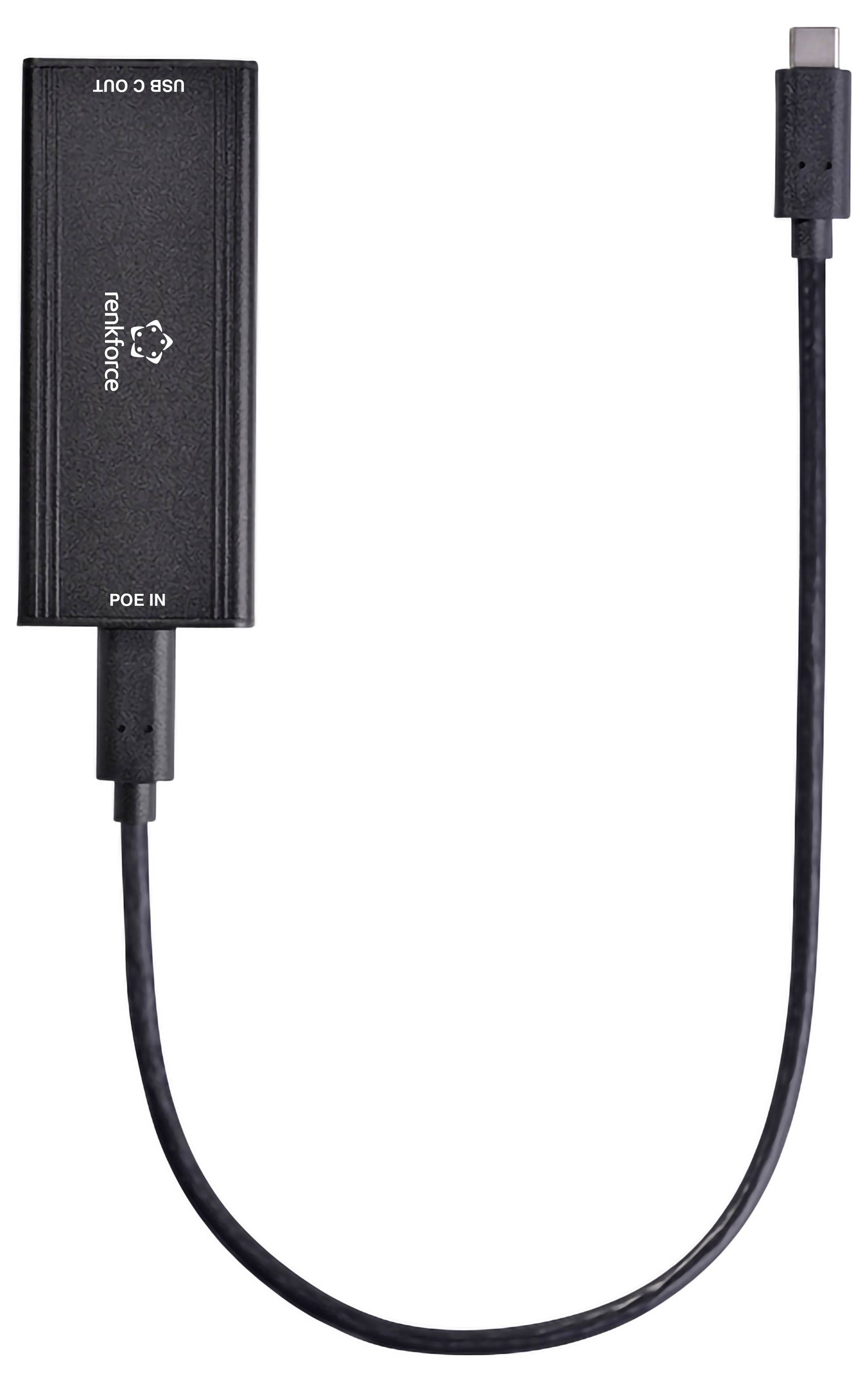 Schwarzer USB-C zu PoE IN Adapter Dongle mit angebrachtem Kabel und USB-C-Stecker, abgebildet auf weißem Hintergrund.