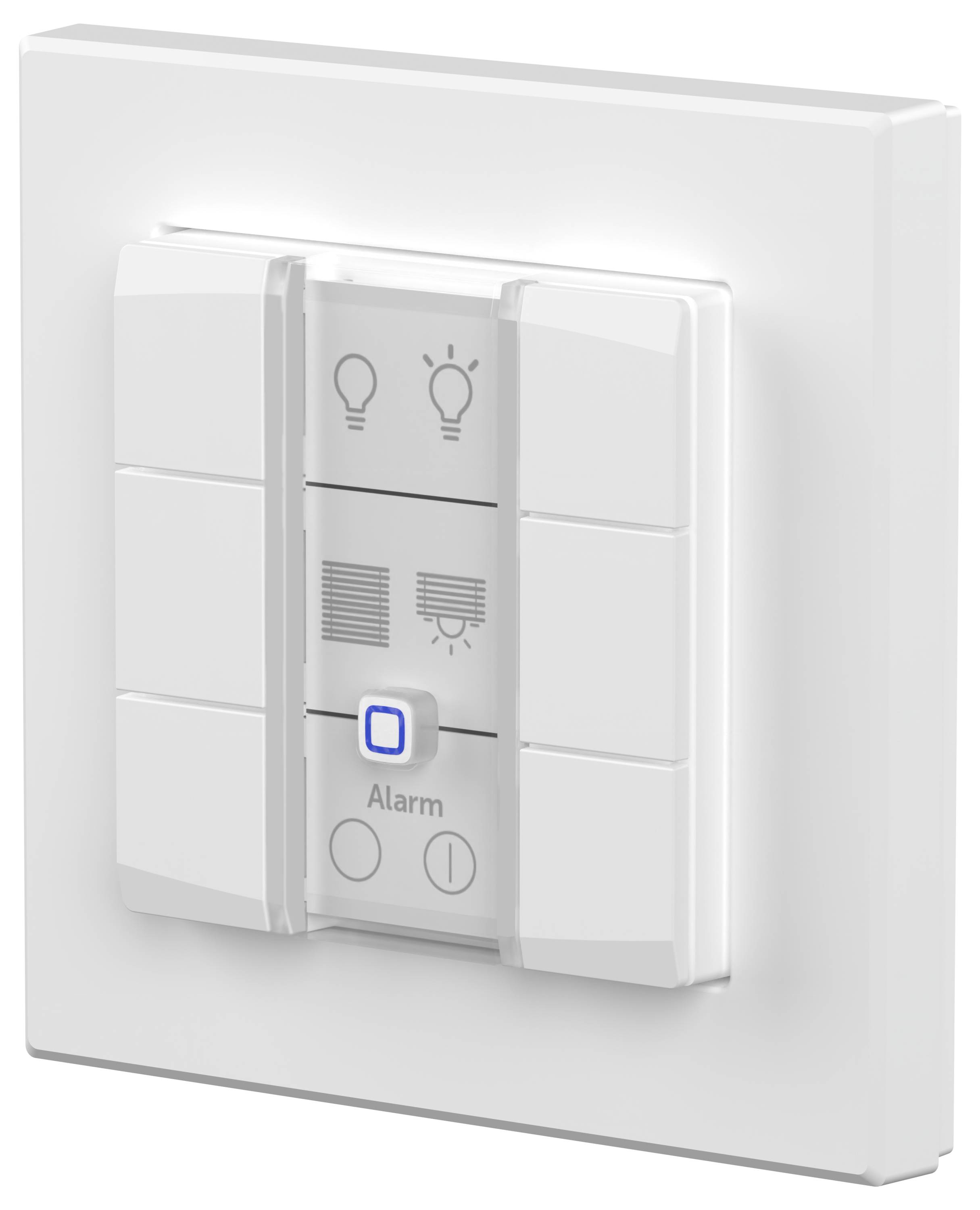 Ein weißes rechteckiges Schaltpanel mit mehreren Tasten, die für Beleuchtung, Jalousien und eine 