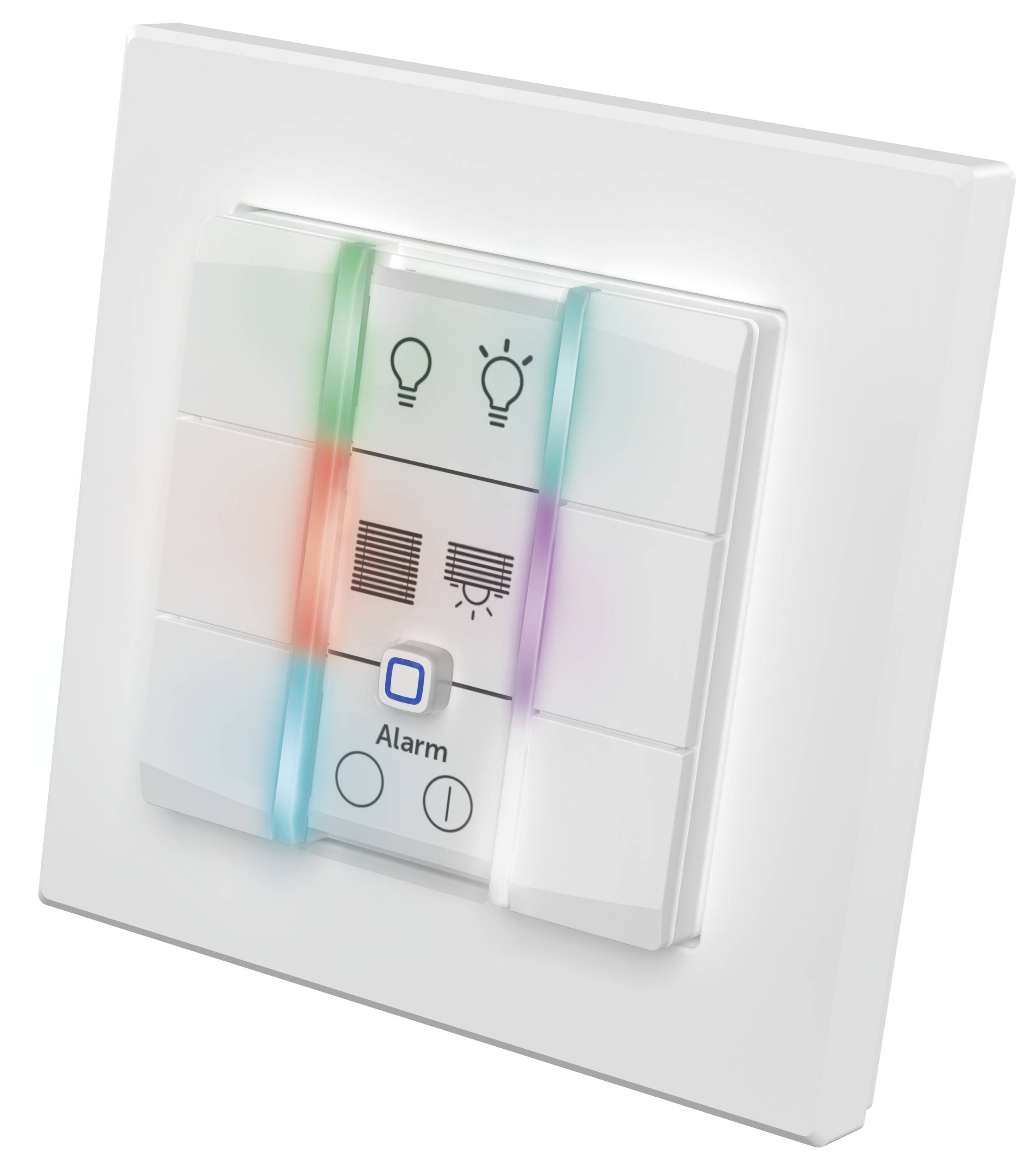Ein intelligenter Wandschalter mit Symbolen für Lichter, Jalousien und Alarm mit mehrfarbigen LED-Anzeigen für verschiedene Funktionen.